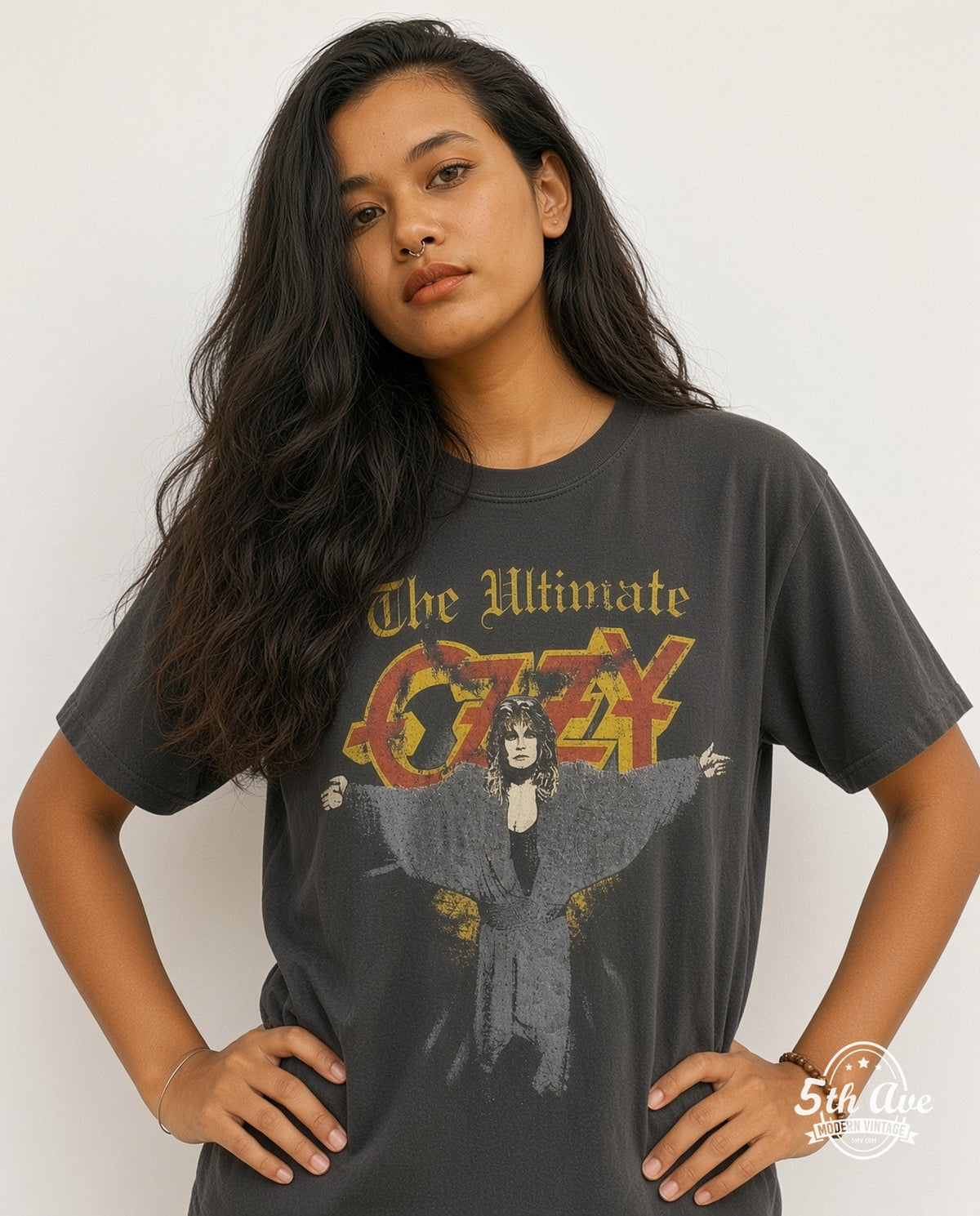 Model wearing the Ozzy Osbourne The Ultimate vintage band t-shirt