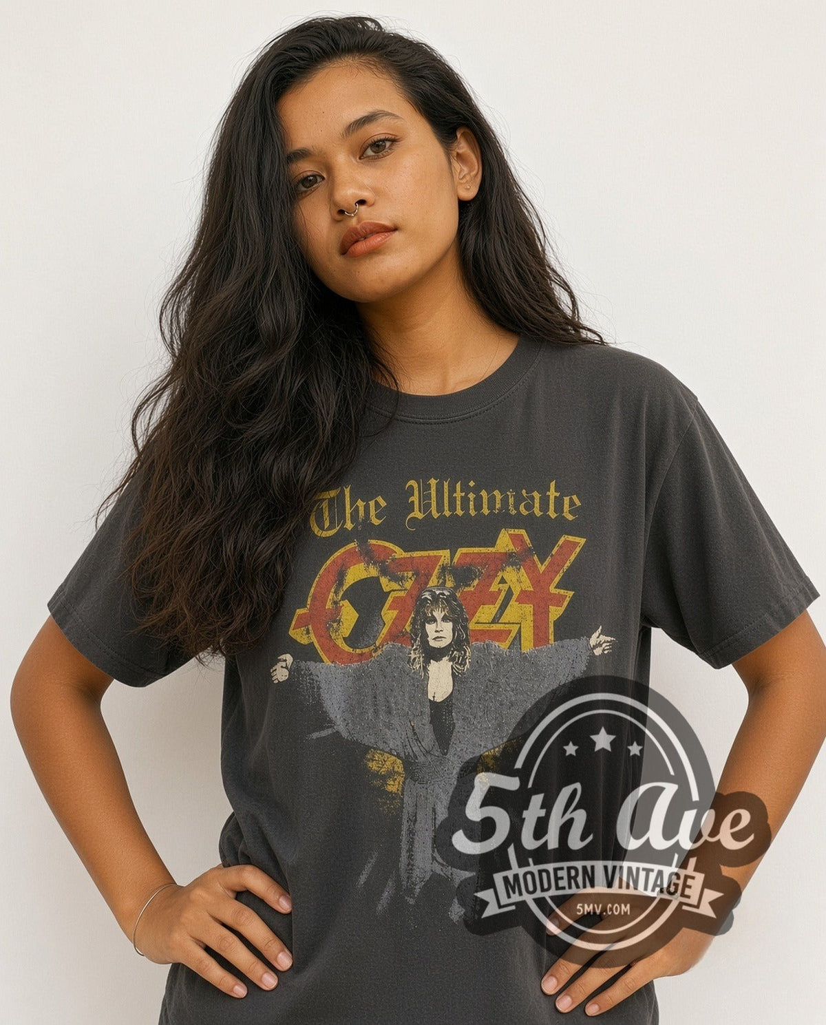 Model wearing the Ozzy Osbourne The Ultimate vintage band t-shirt