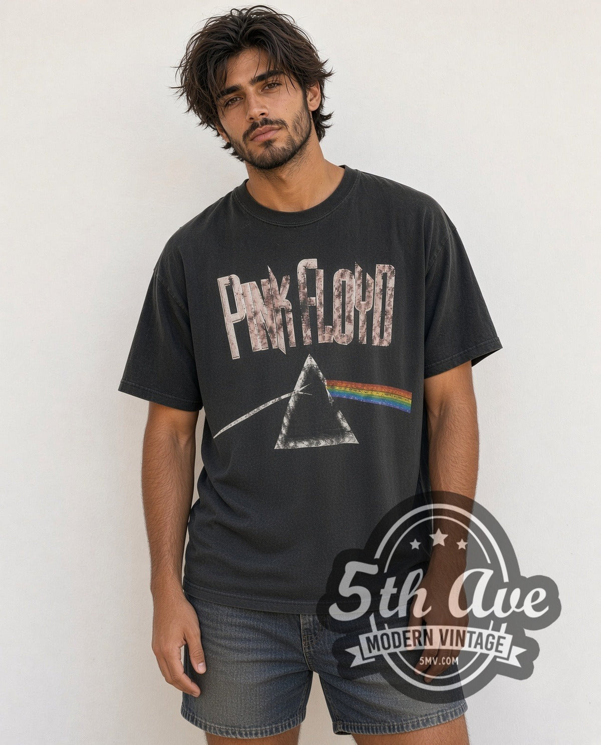 Model wearing the Pink Floyd Dark Side of the Moon Prism vintage band t-shirt