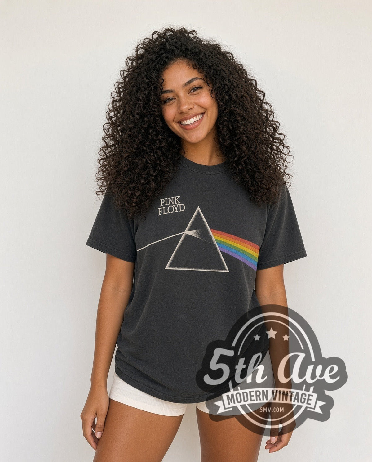 Model wearing the Pink Floyd Dark Side of the Moon' Prism vintage band t-shirt