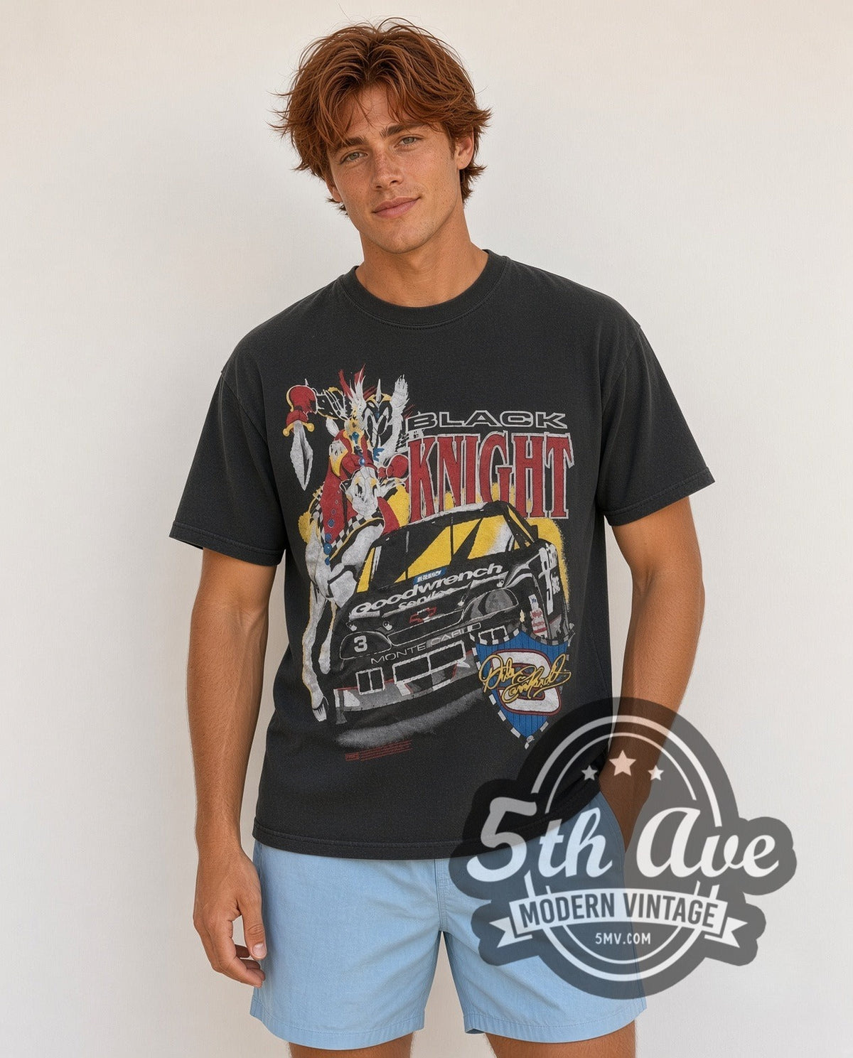 Model wearing the NASCAR Dale Earnhardt #3 Black Knight Horse all-over-print vintage NASCAR t-shirt in black