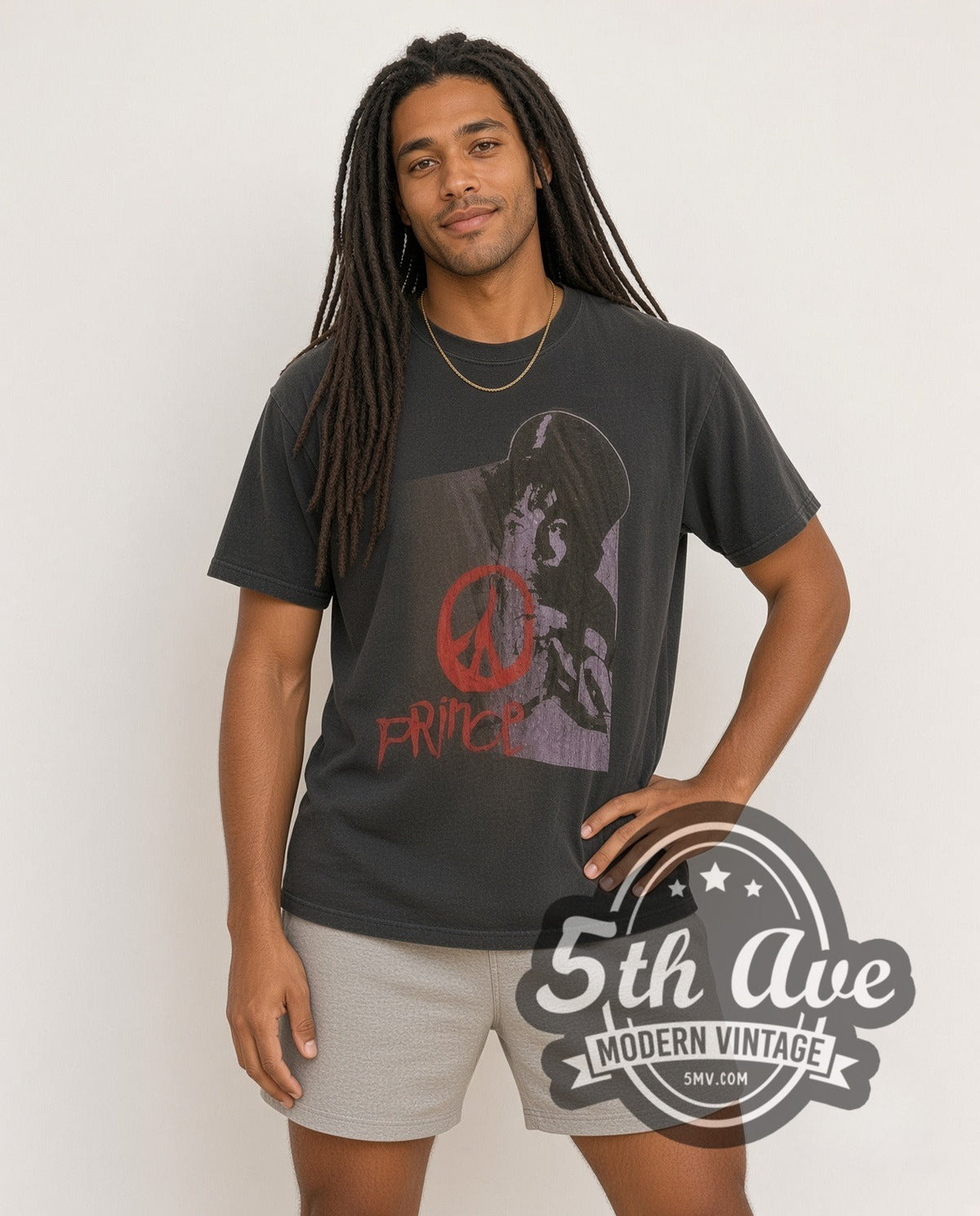 Model wearing the Prince Purple Portrait Red Peace Sign vintage band t-shirt