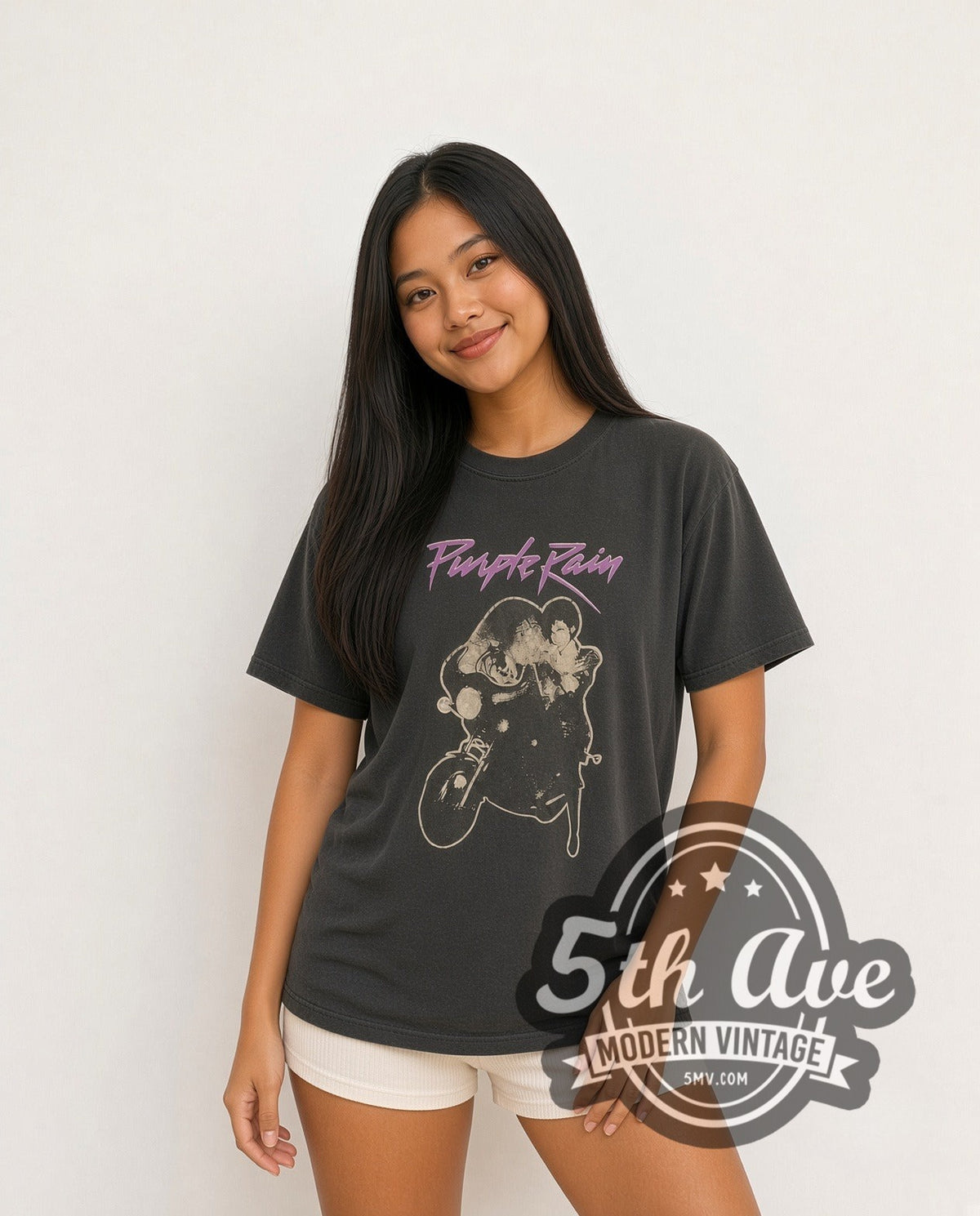 Model wearing the Prince Purple Rain Script Motorcycle vintage band t-shirt