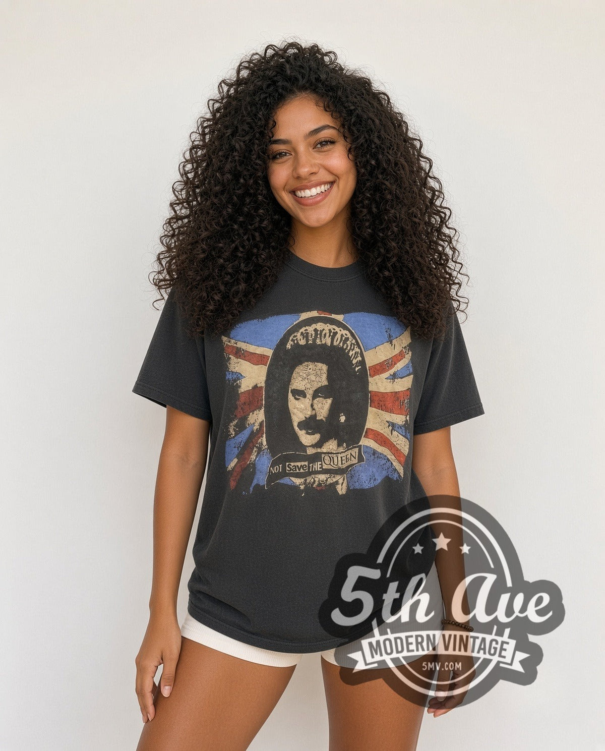 Model wearing the Queen Not Save The Queen Punk Parody vintage band t-shirt