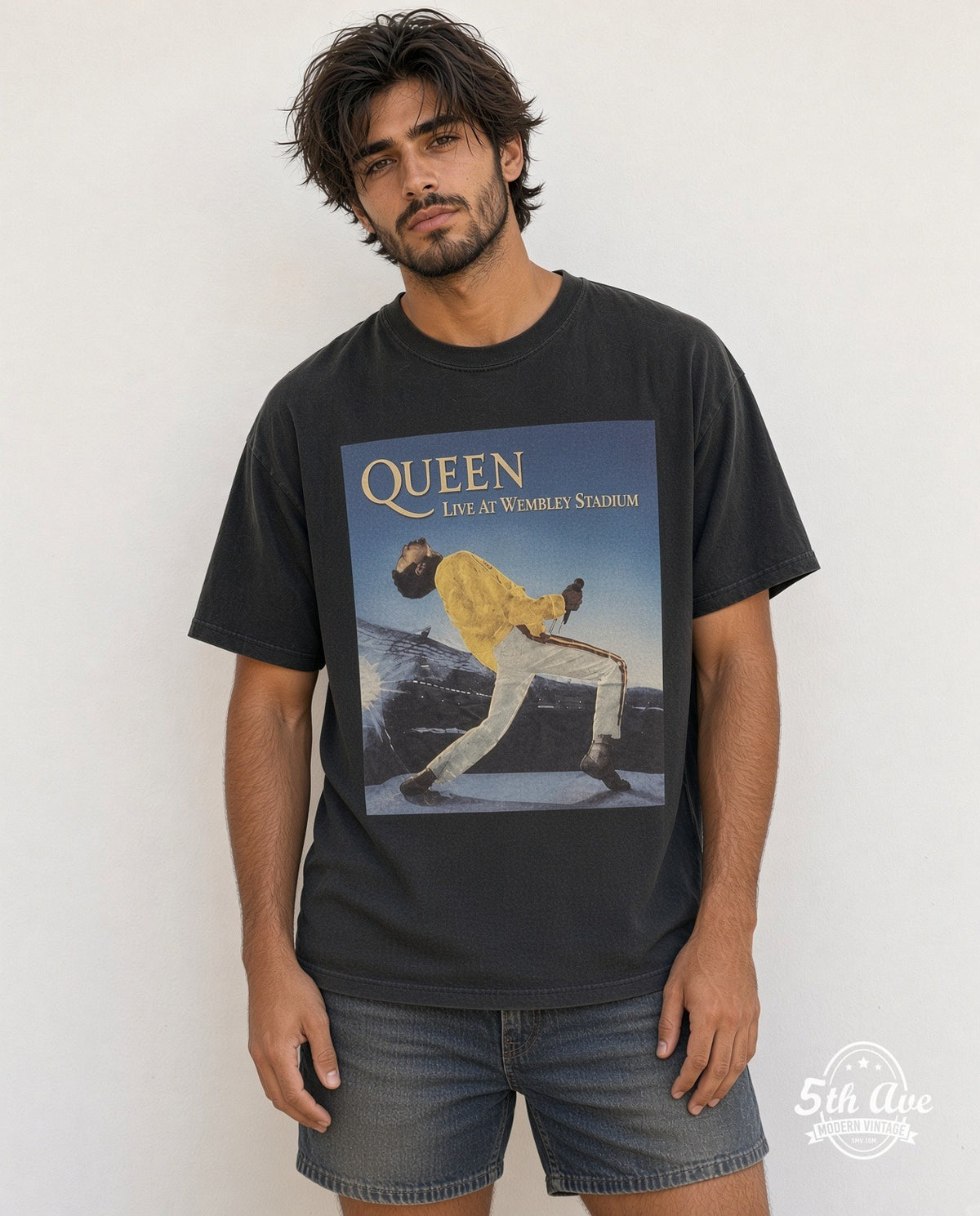 Model wearing the Queen Live at Wembley Stadium vintage band t-shirt