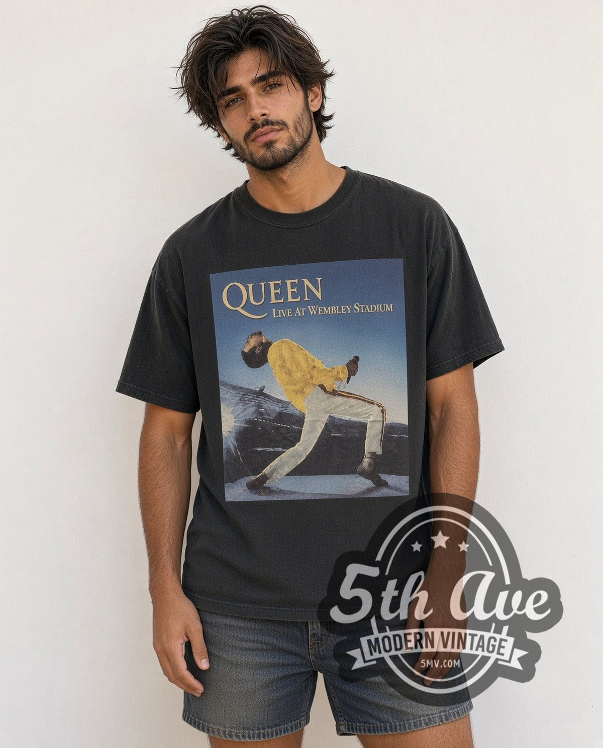 Model wearing the Queen Live at Wembley Stadium vintage band t-shirt
