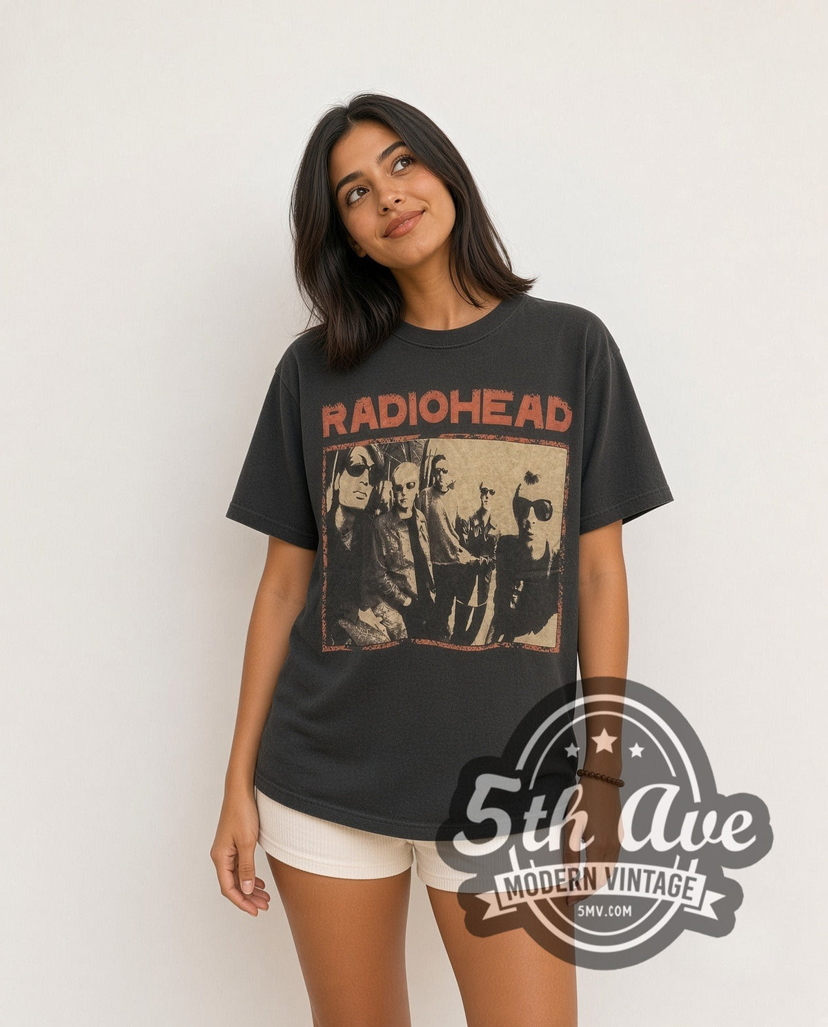 Model wearing the Radiohead Black vintage band t-shirt in black
