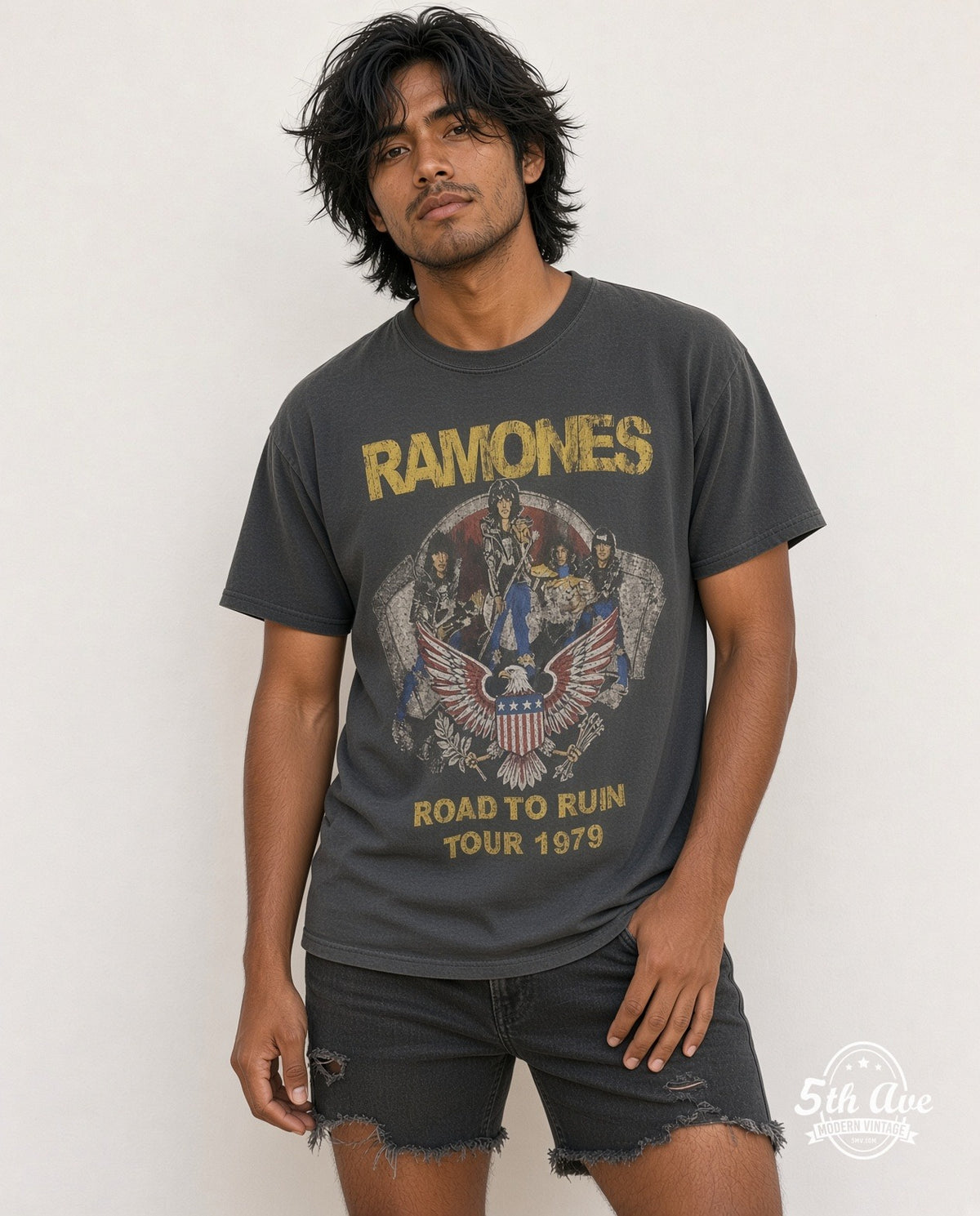 Model wearing the Ramones Road to Ruin Tour 1979 washed black band t-shirt