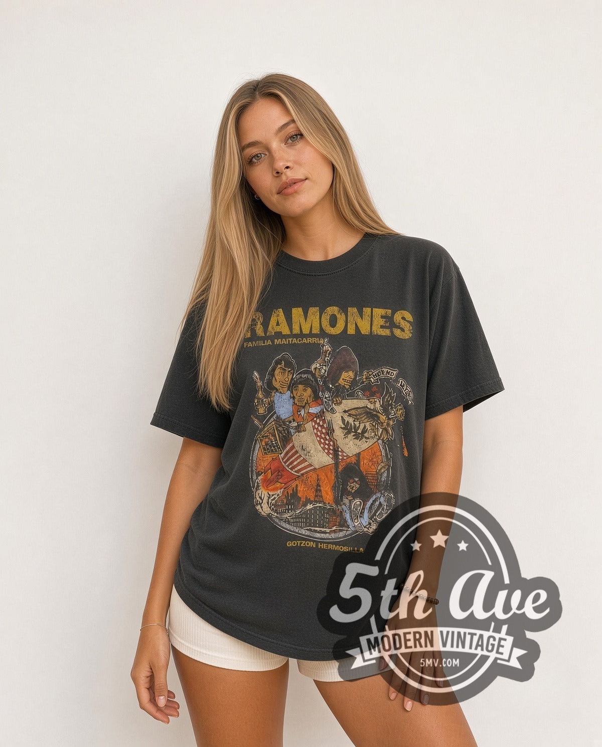 Model wearing the Ramones Hey Ho Let's Go Fuerza Eagle Crest vintage band t-shirt