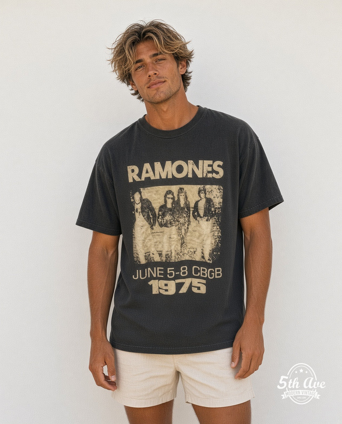 Model wearing the Ramones CBGB June 1975 Band Photo vintage band t-shirt