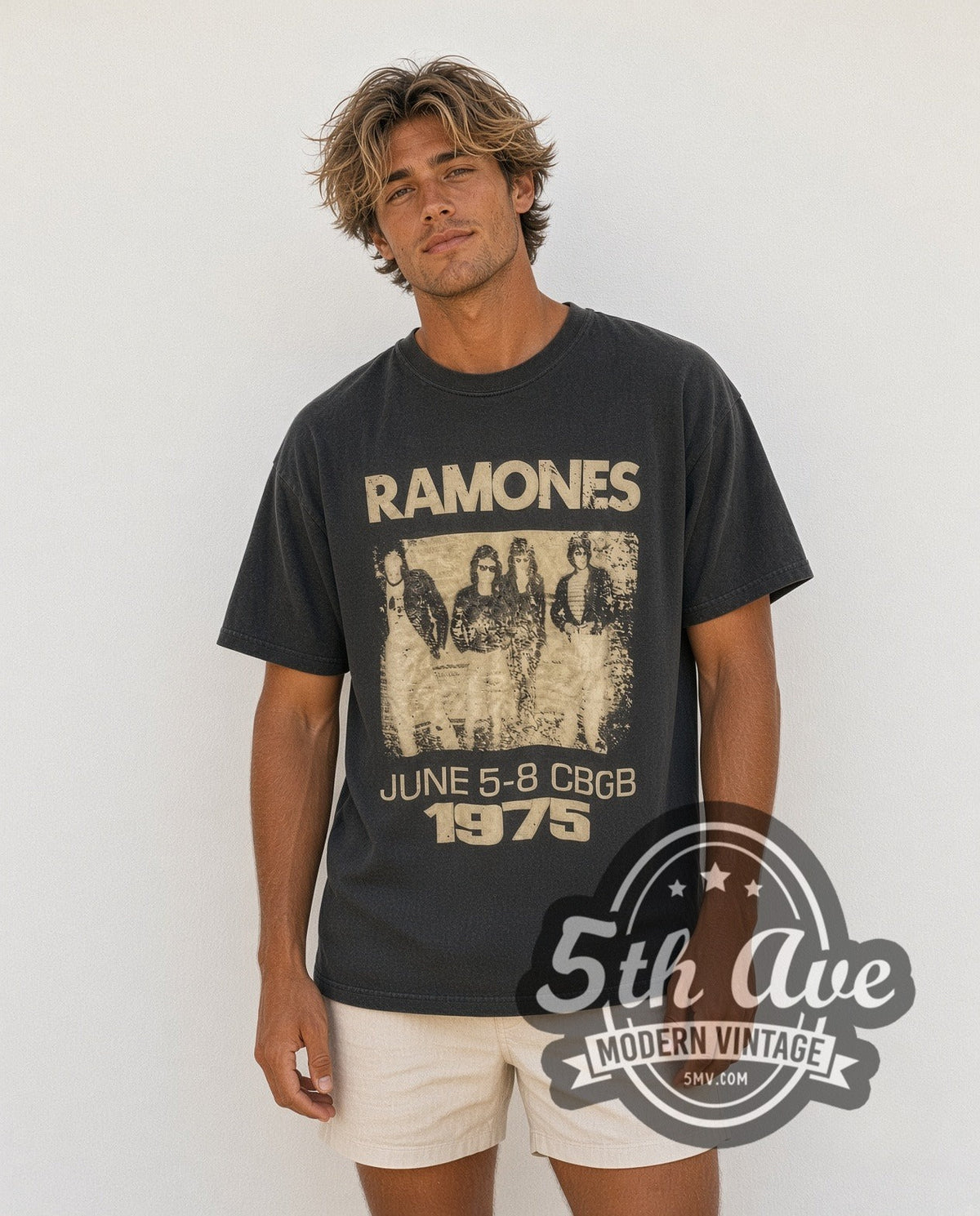 Model wearing the Ramones CBGB June 1975 Band Photo vintage band t-shirt