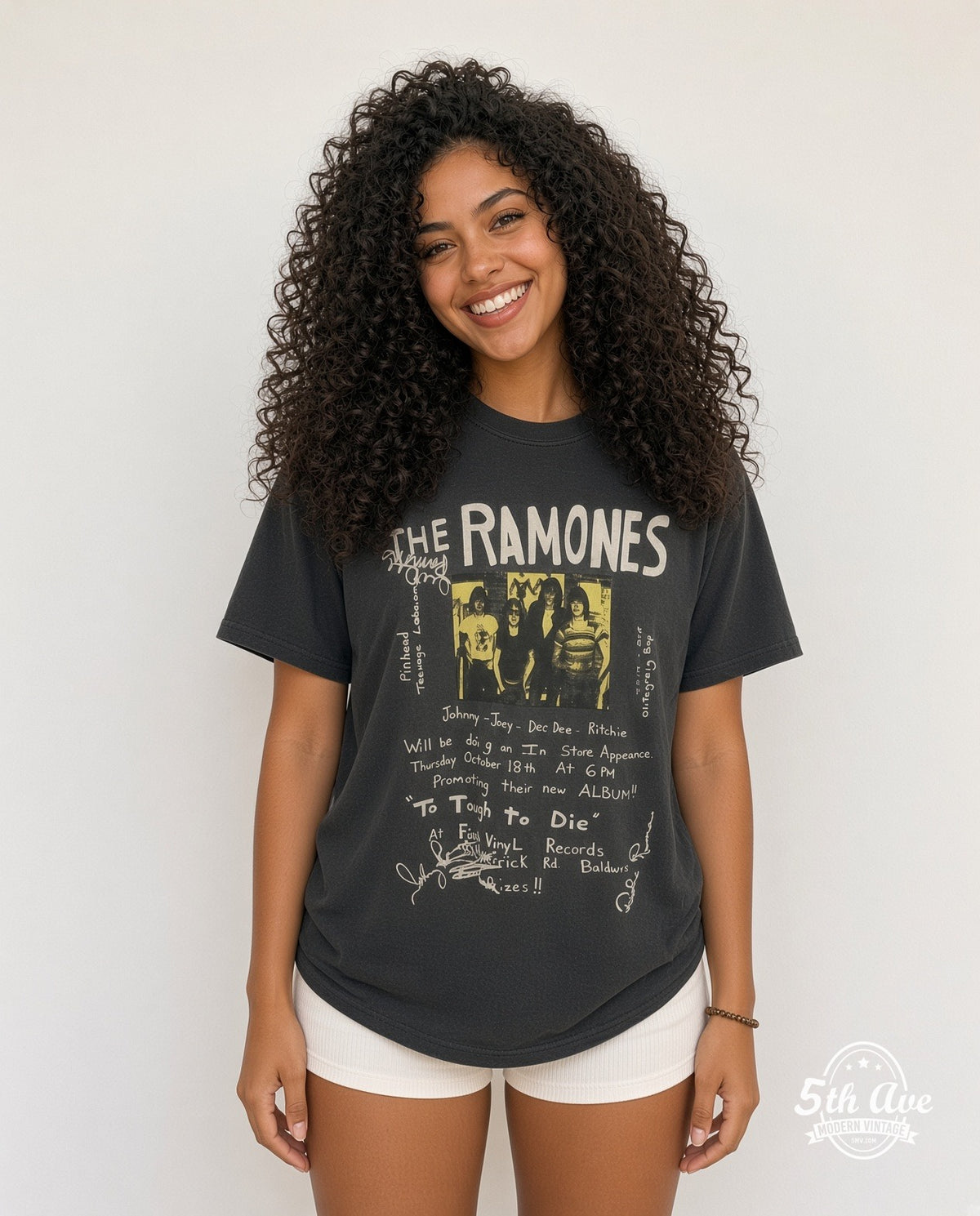 Model wearing the Ramones Too Tough to Die Fly Vinyl Flyer vintage band t-shirt