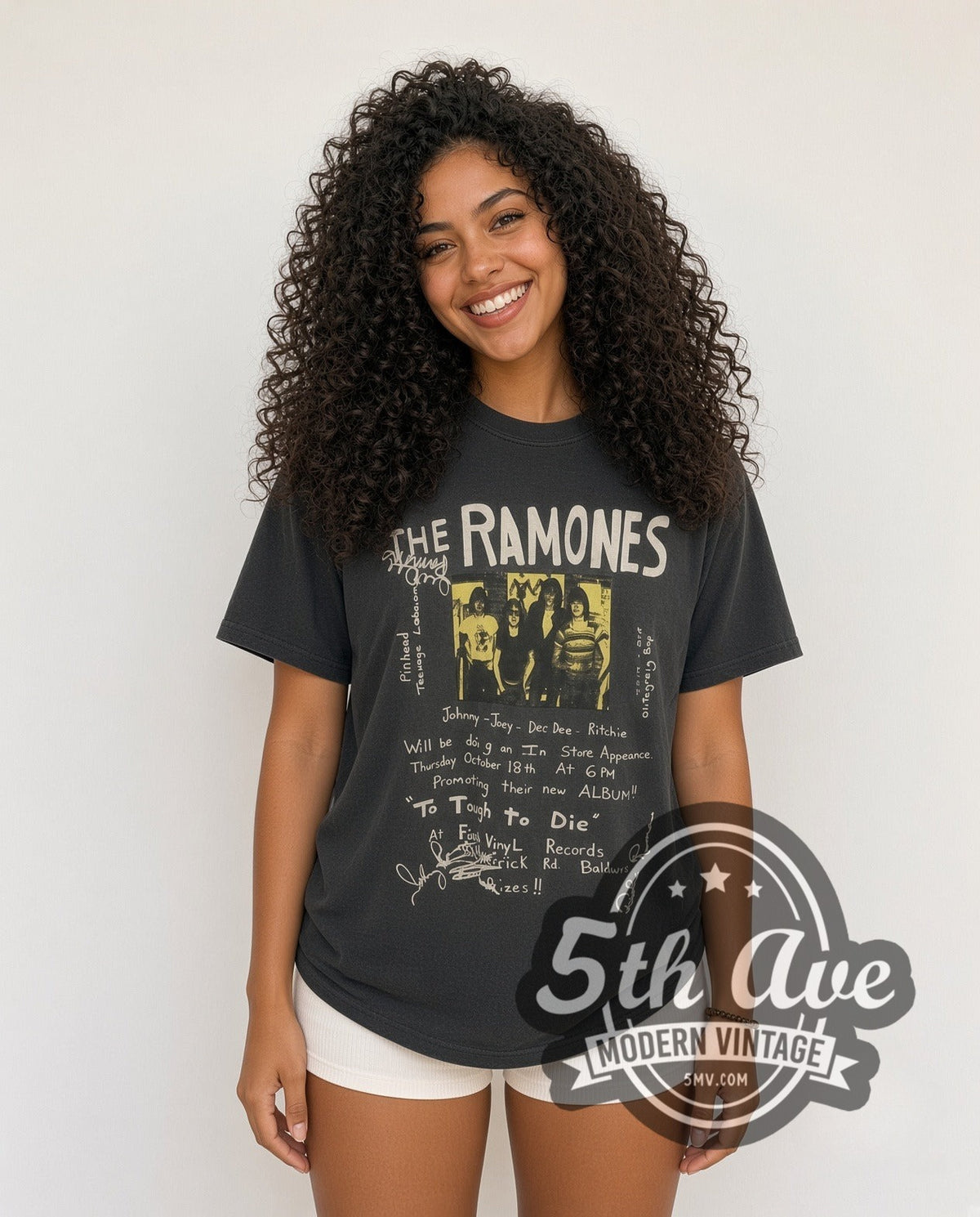 Model wearing the Ramones Too Tough to Die Fly Vinyl Flyer vintage band t-shirt