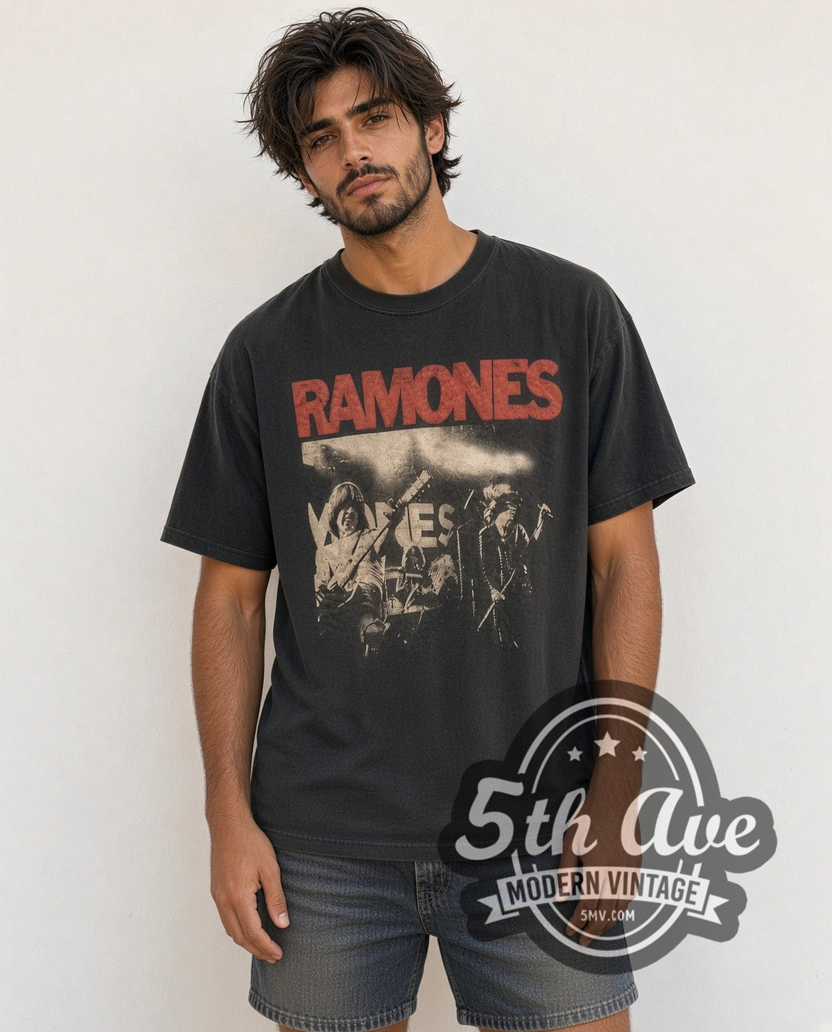 Model wearing the Ramones Live Stage Shot Red Logo vintage band t-shirt