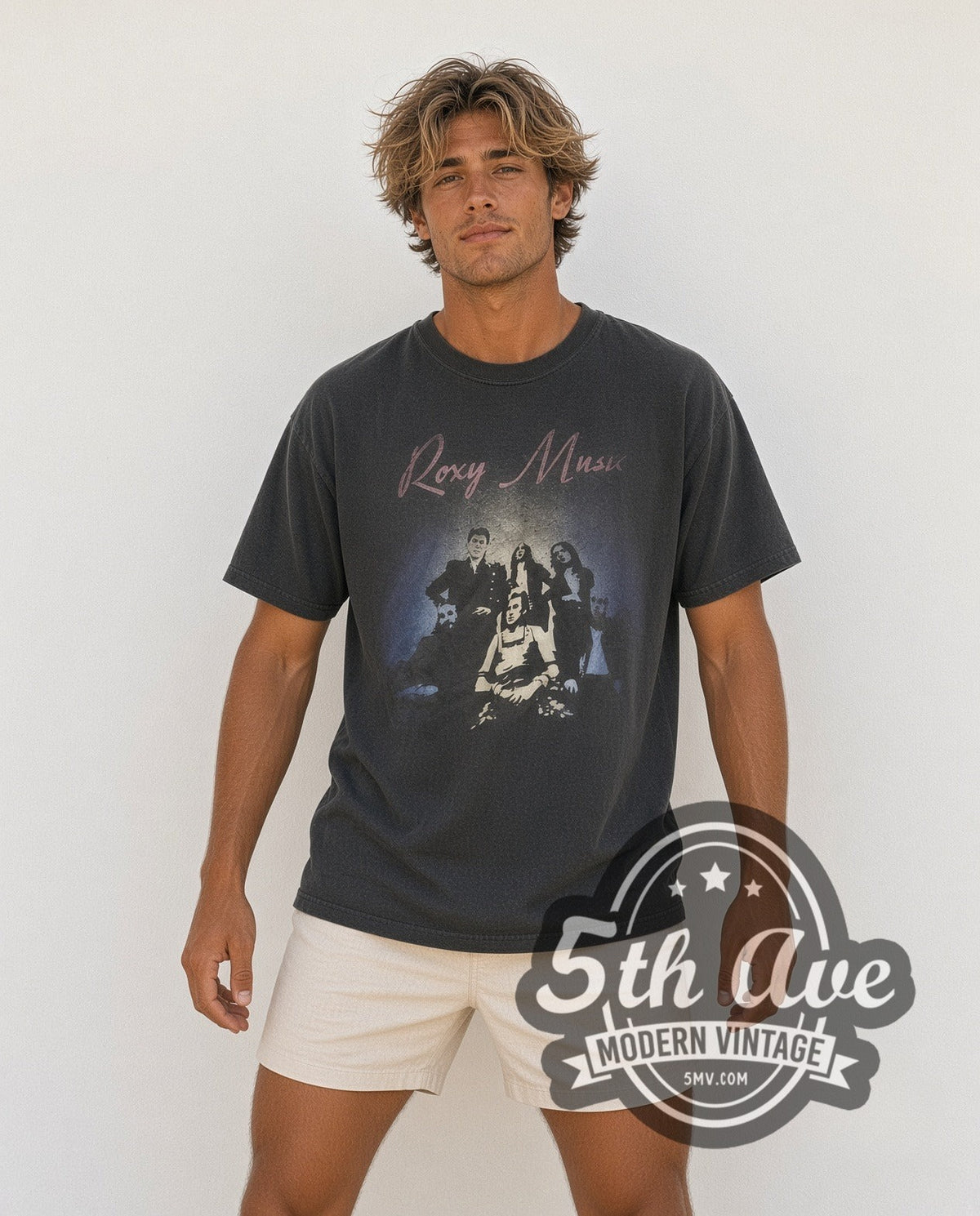 Model wearing the Roxy Music vintage band t-shirt