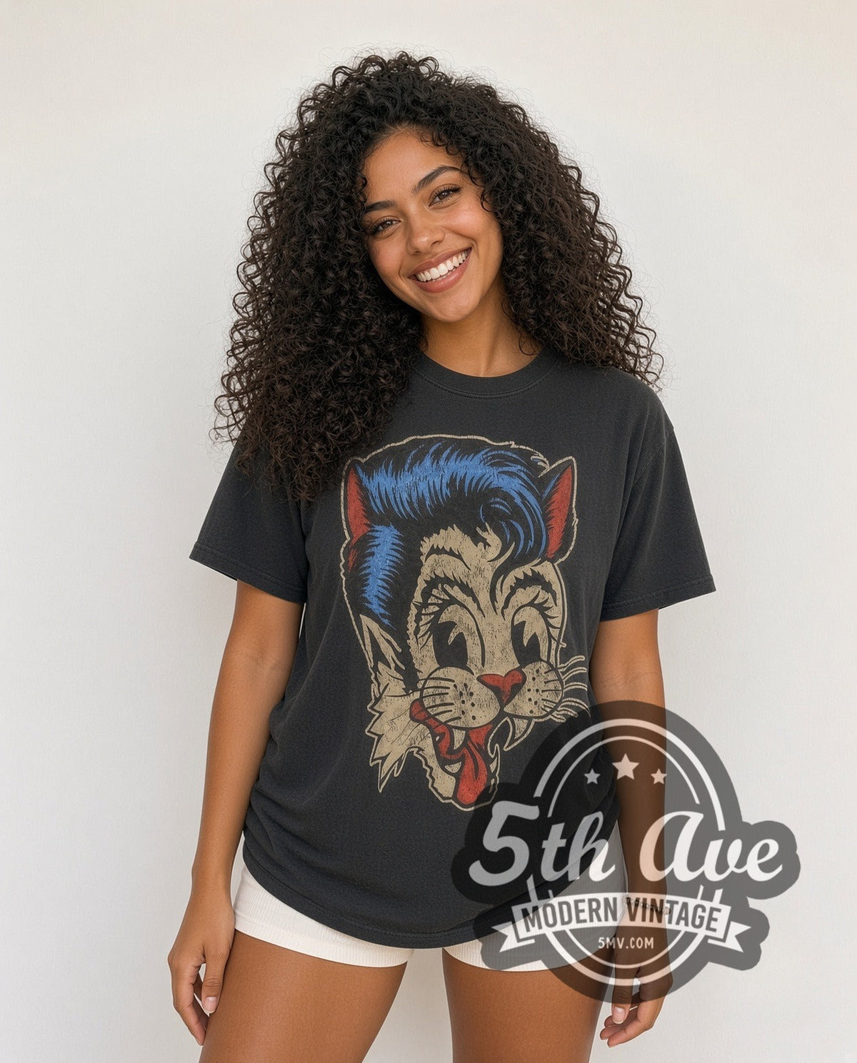 Model wearing the Stray Cats Blue Pompadour Cat Logo vintage band t-shirt