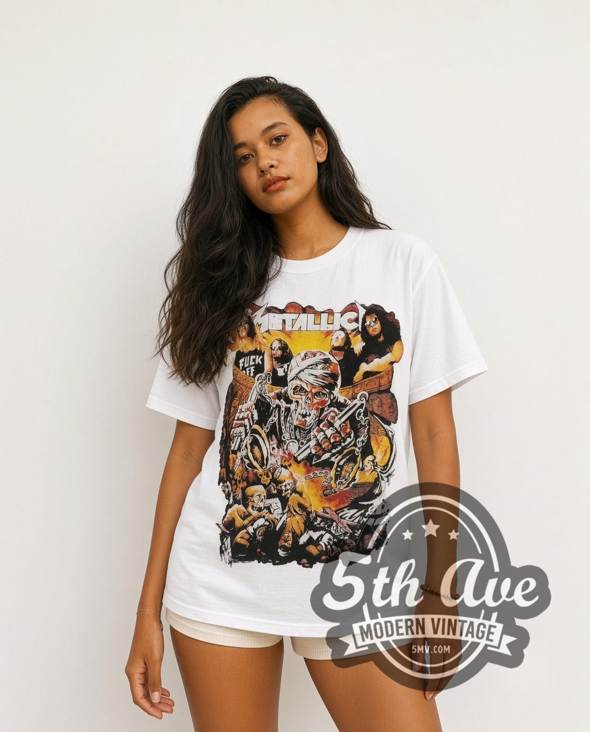 Model wearing the Metallica Biker vintage band t-shirt in white