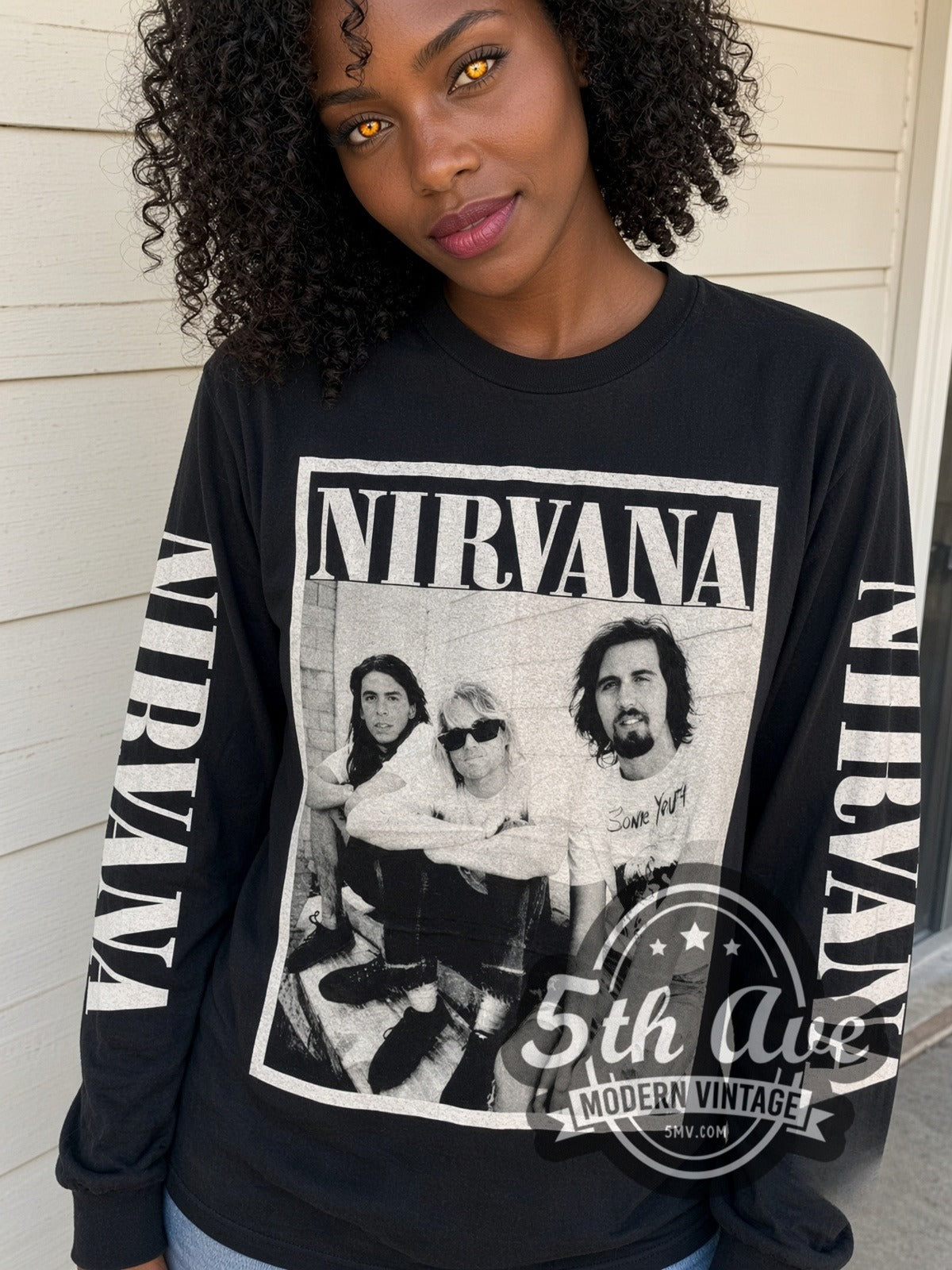 Model wearing the Nirvana Band Photo vintage band long sleeve t-shirt