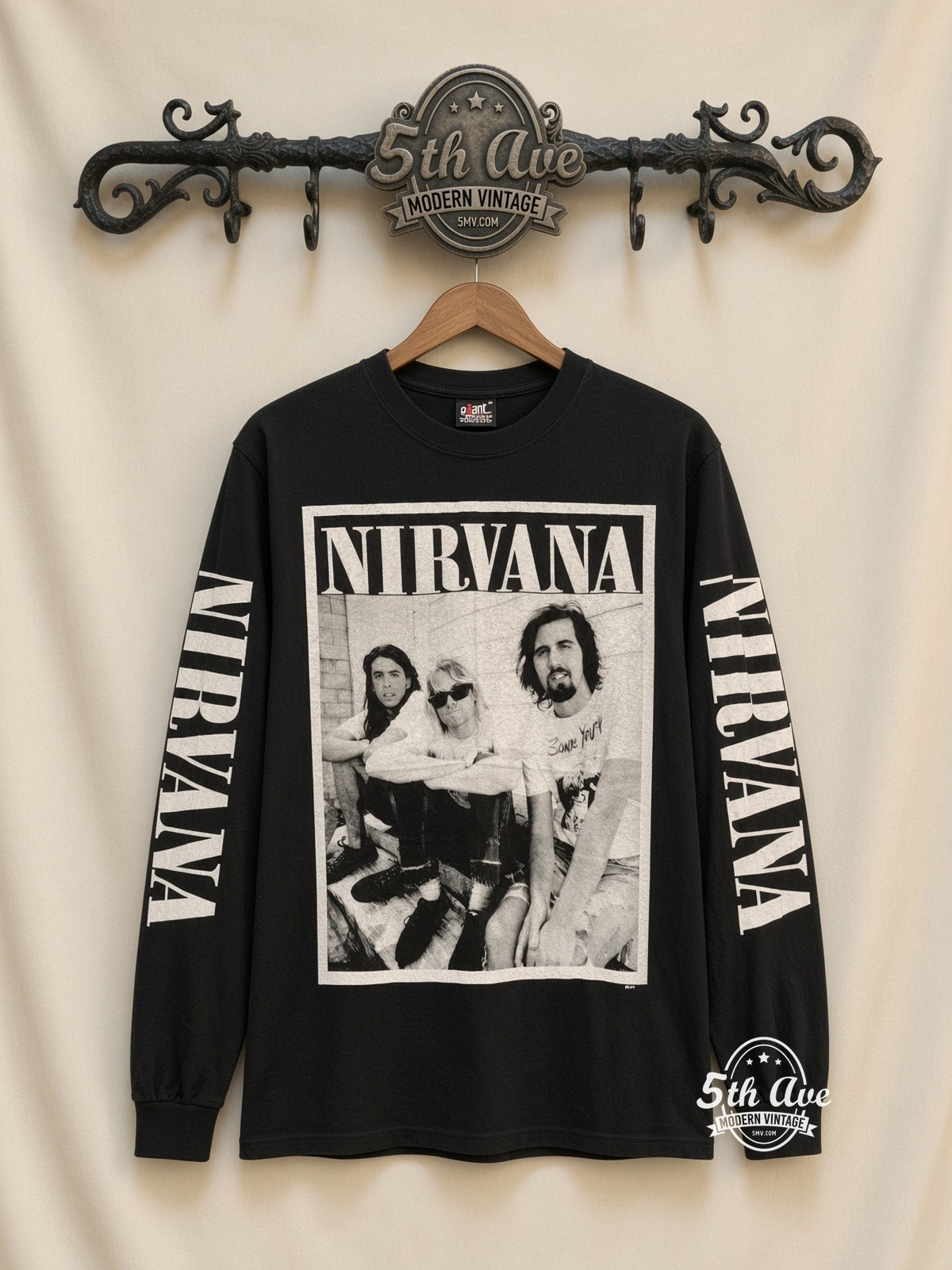 ETS LS 21 Nirvana Band Photo long sleeve vintage tee on rack, front