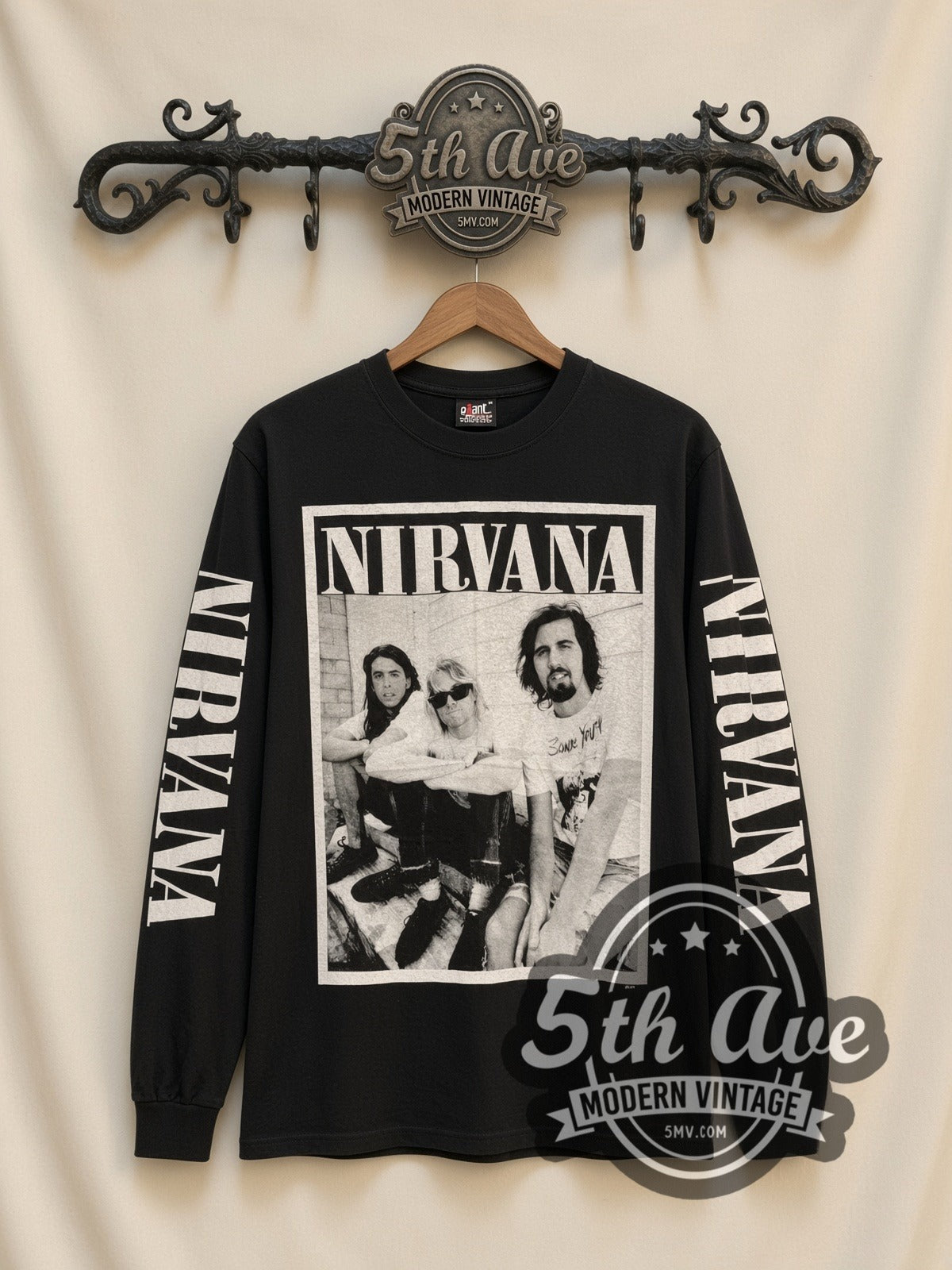 Nirvana Band Photo vintage band long sleeve t-shirt, front view on a display rack