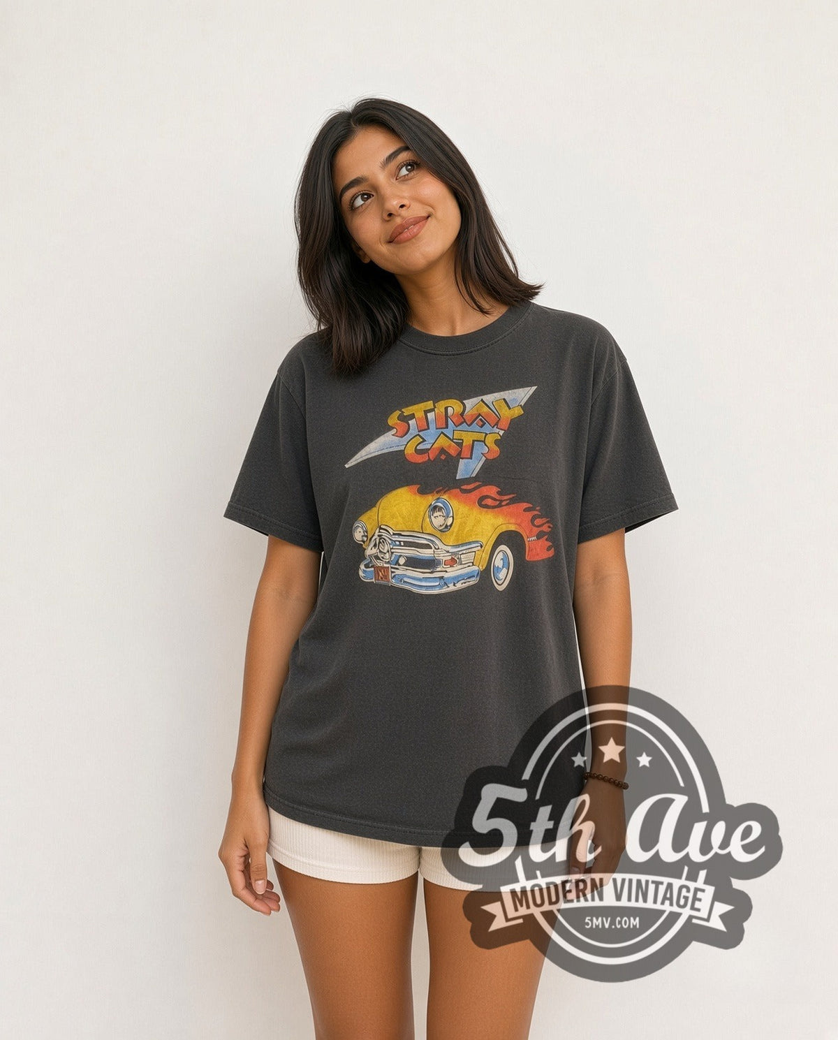Model wearing the Stray Cats Flaming Hot Rod vintage band t-shirt
