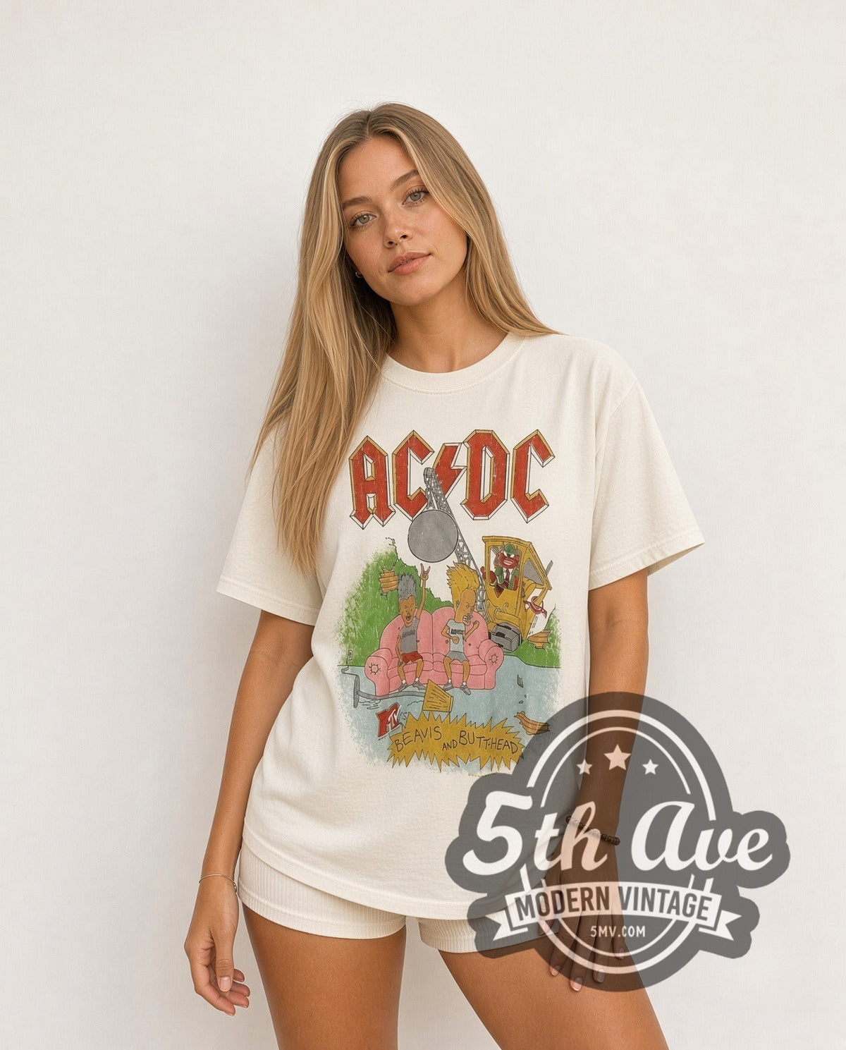 Model wearing the AC/DC x Beavis and Butt-Head Pink Couch White Tee Wrecking Ball vintage band t-shirt in white