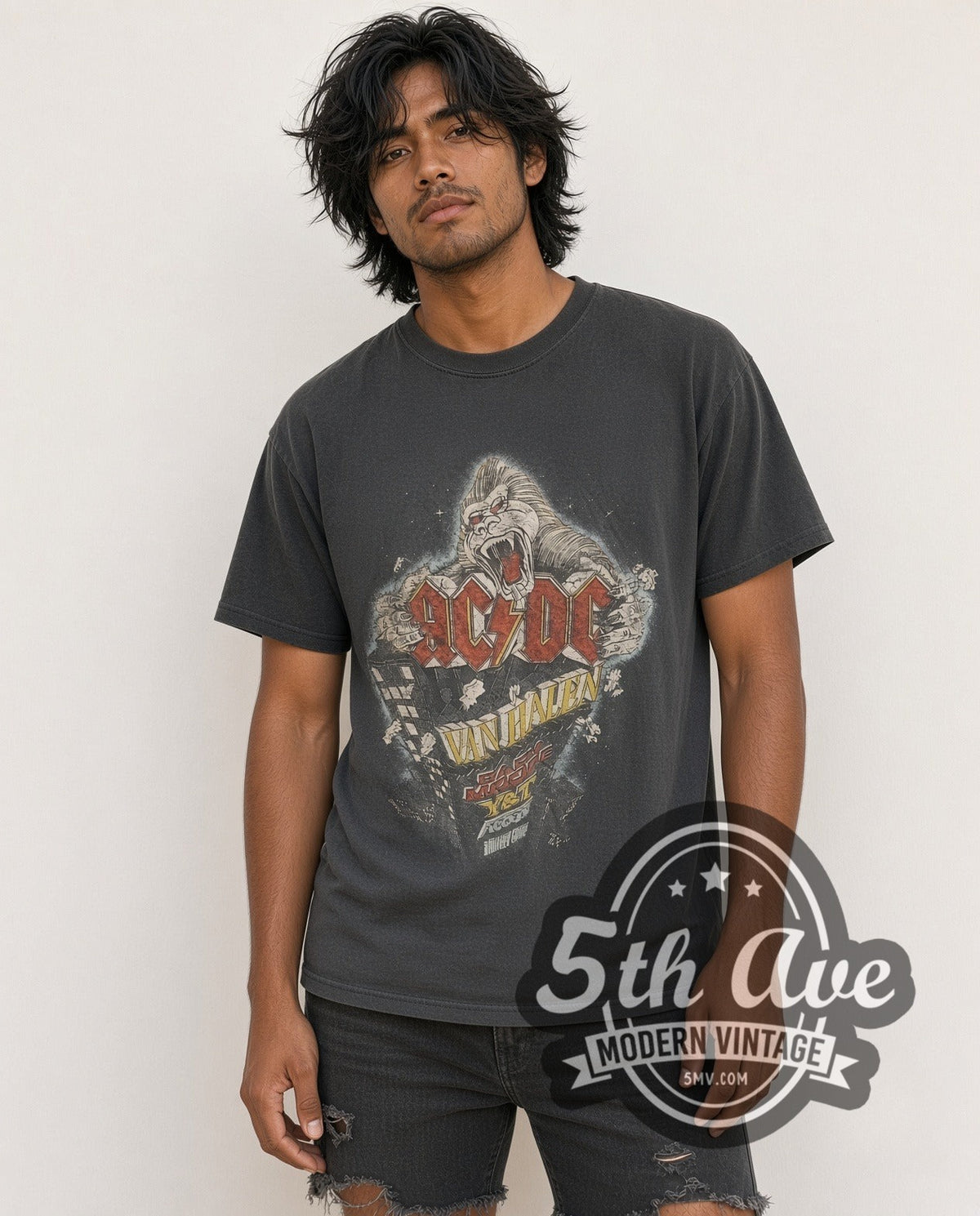 Model wearing the AC/DC Monsters of Rock vintage band t-shirt