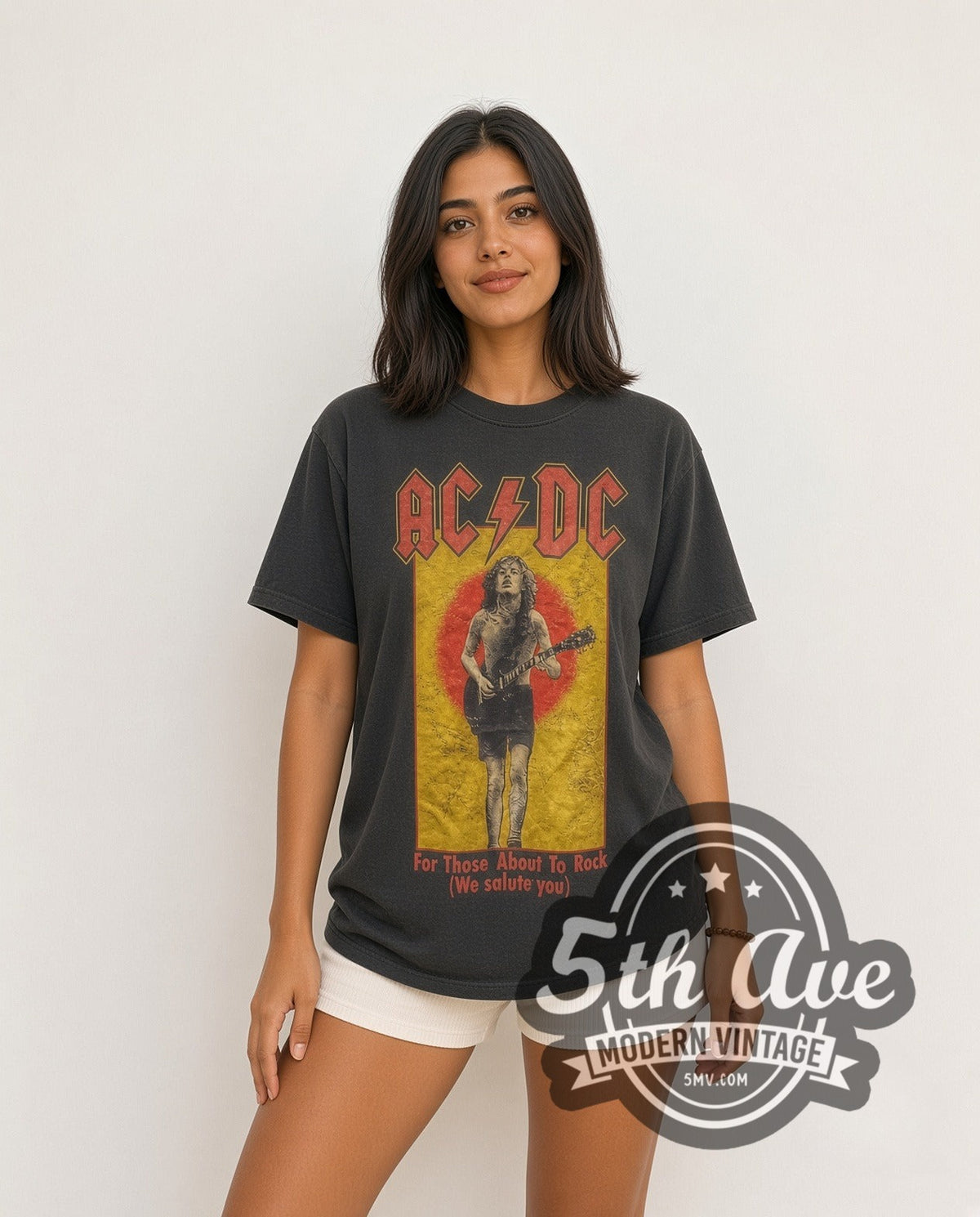 Model wearing the AC/DC For Those About to Rock Angus vintage band t-shirt
