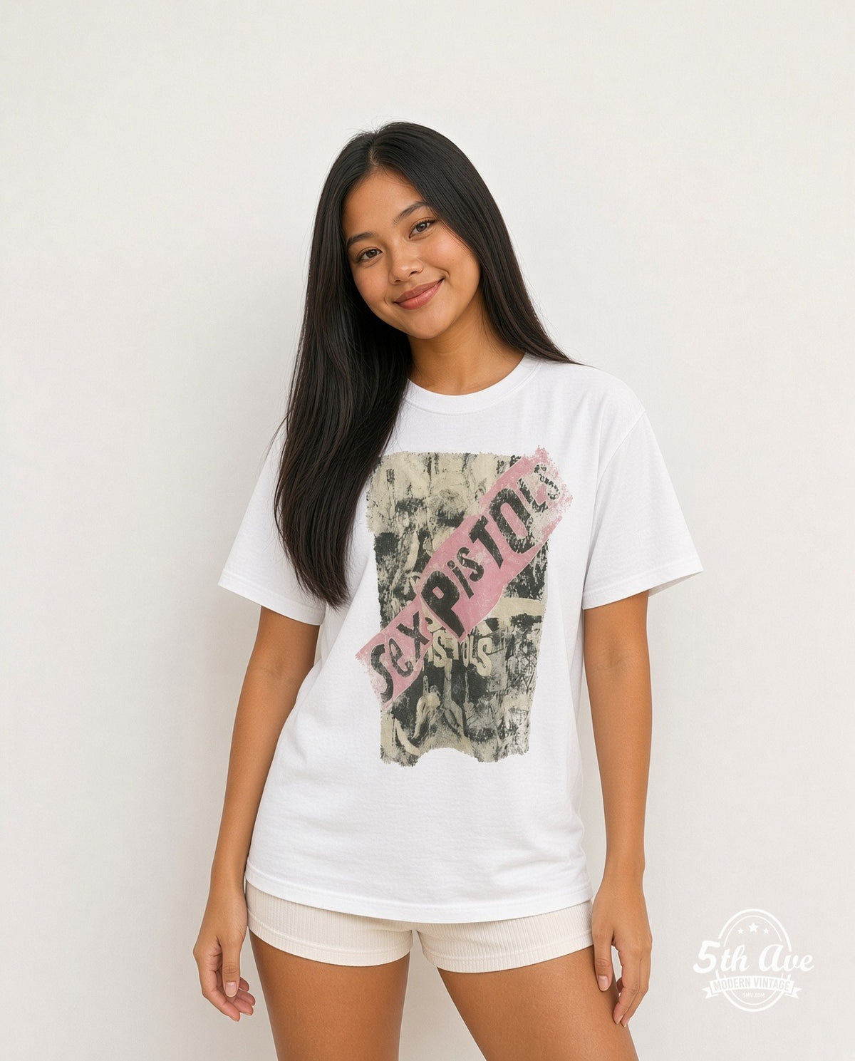 Model wearing the Sex Pistols vintage band t-shirt