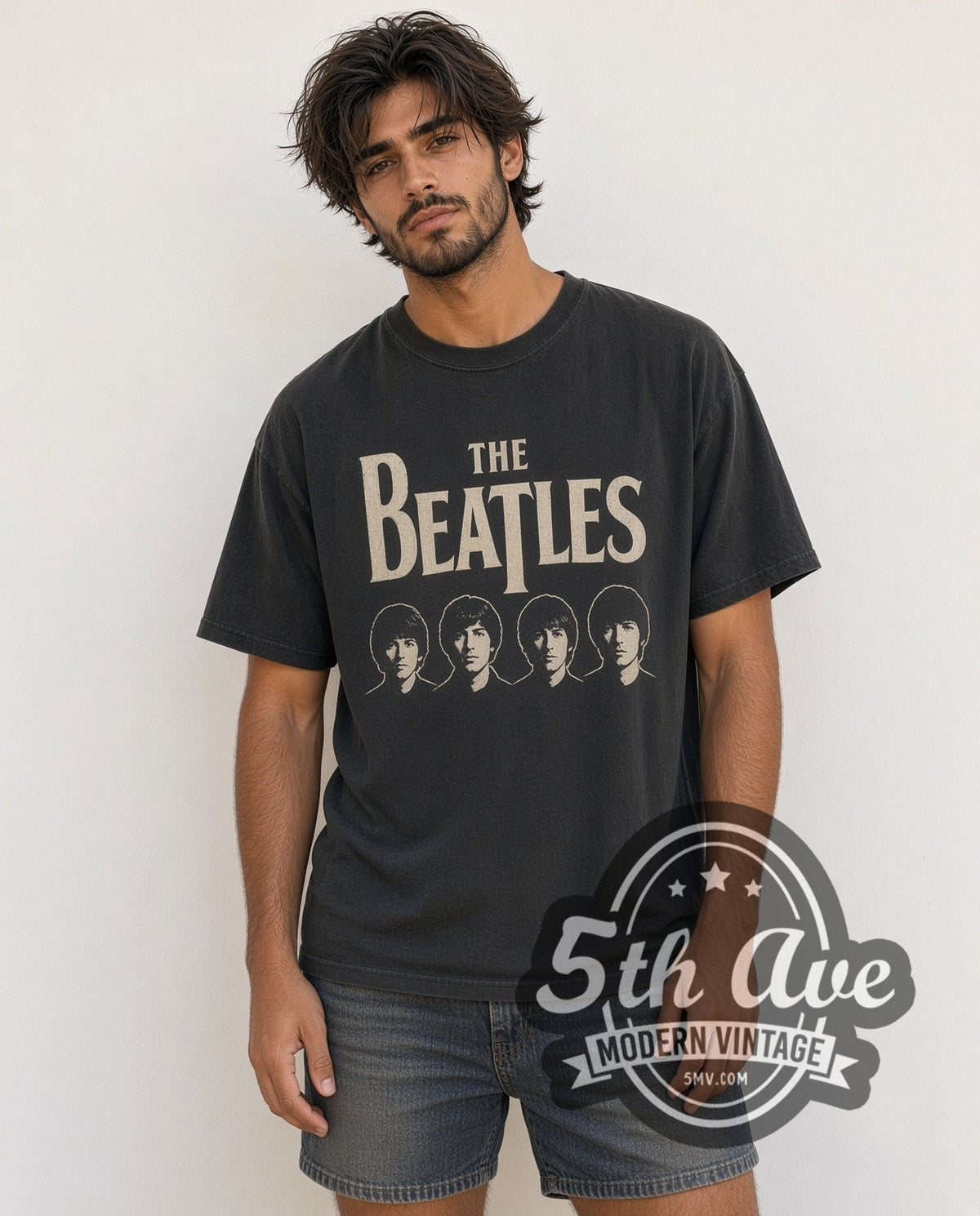 Model wearing The Beatles Four Faces Classic Logo vintage band t-shirt