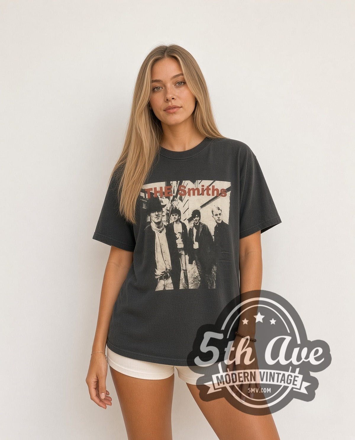 Model wearing The Smiths Alleyway Band Photo Red Logo vintage band t-shirt