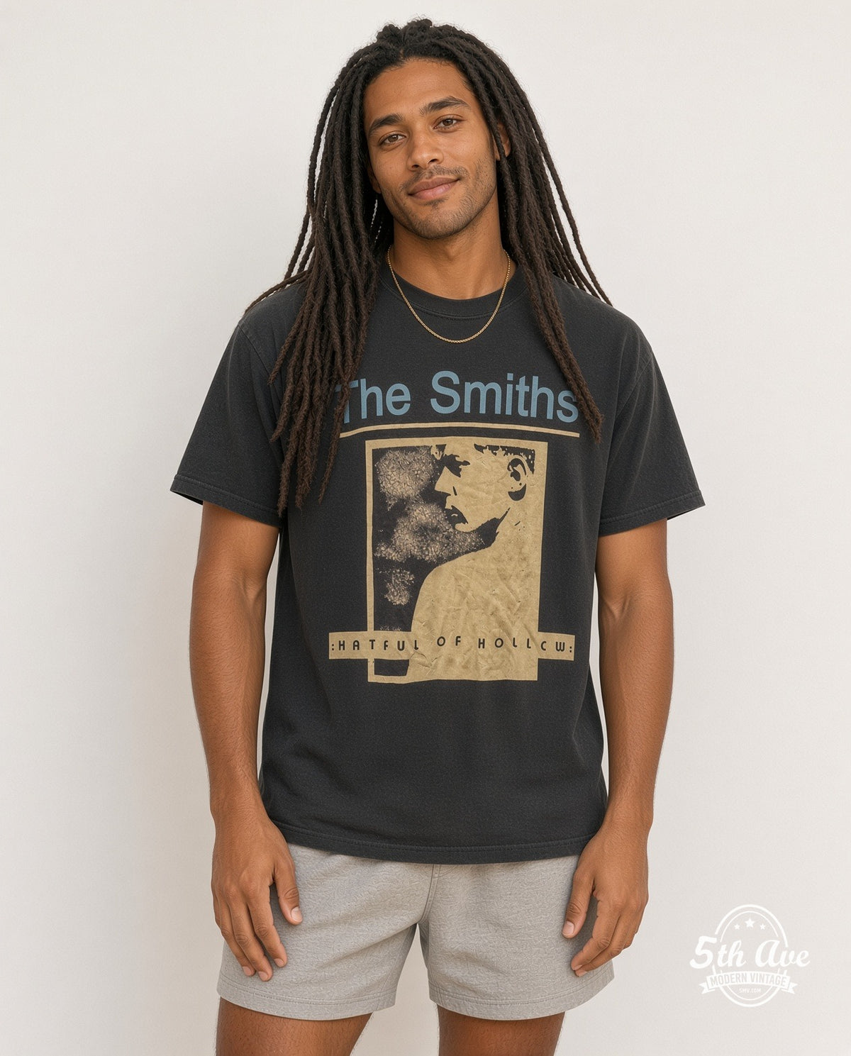 Model wearing The Smiths Hatful of Hollow Album Art vintage band t-shirt
