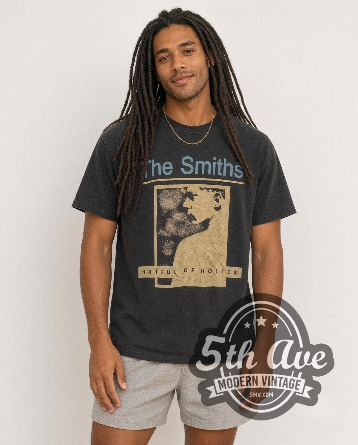Model wearing The Smiths Hatful of Hollow Album Art vintage band t-shirt
