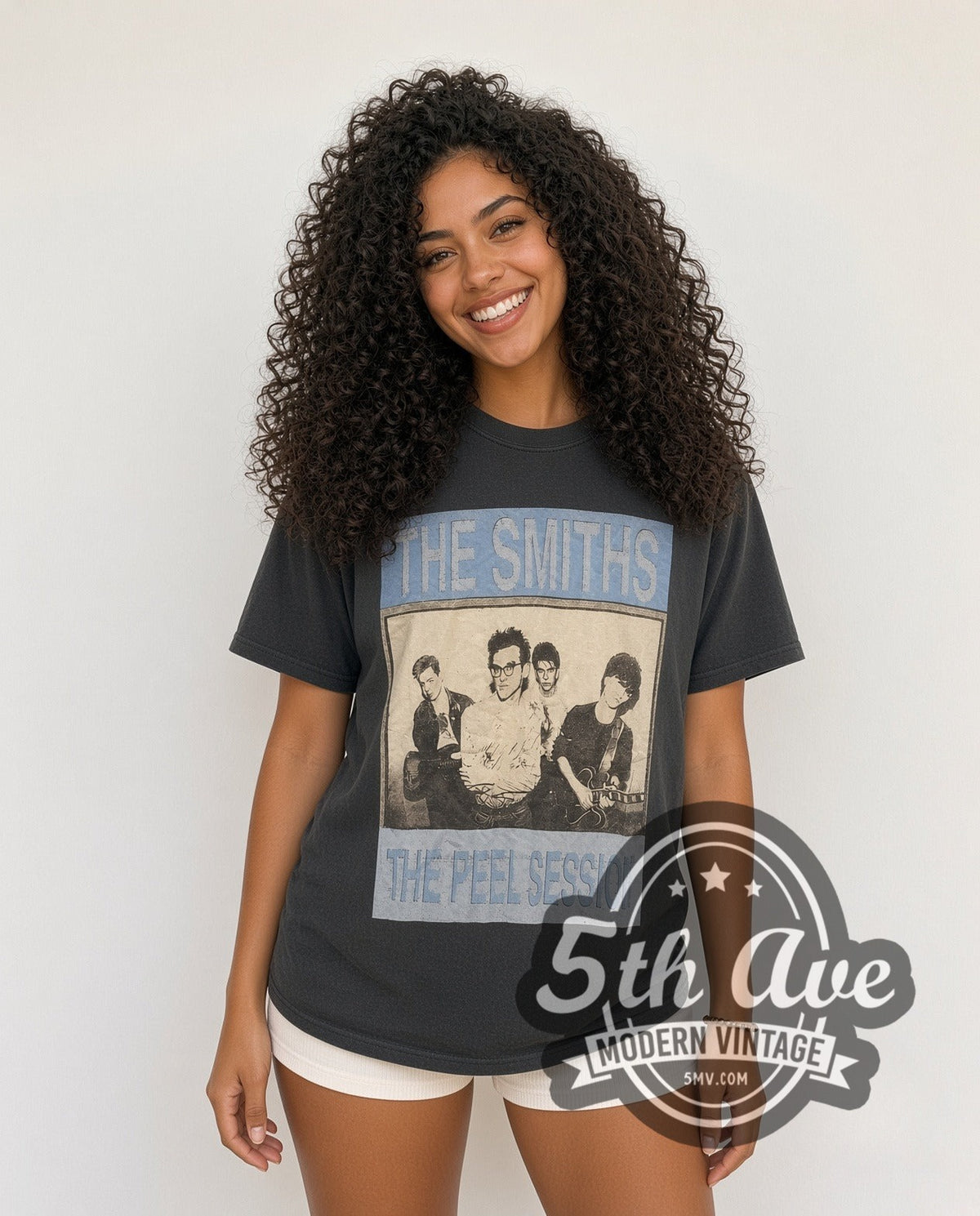 Model wearing The Smiths The Peel Sessions Band Photo vintage band t-shirt