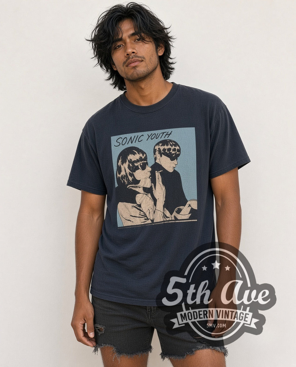 Model wearing the Sonic Youth Goo Album Cover vintage band t-shirt