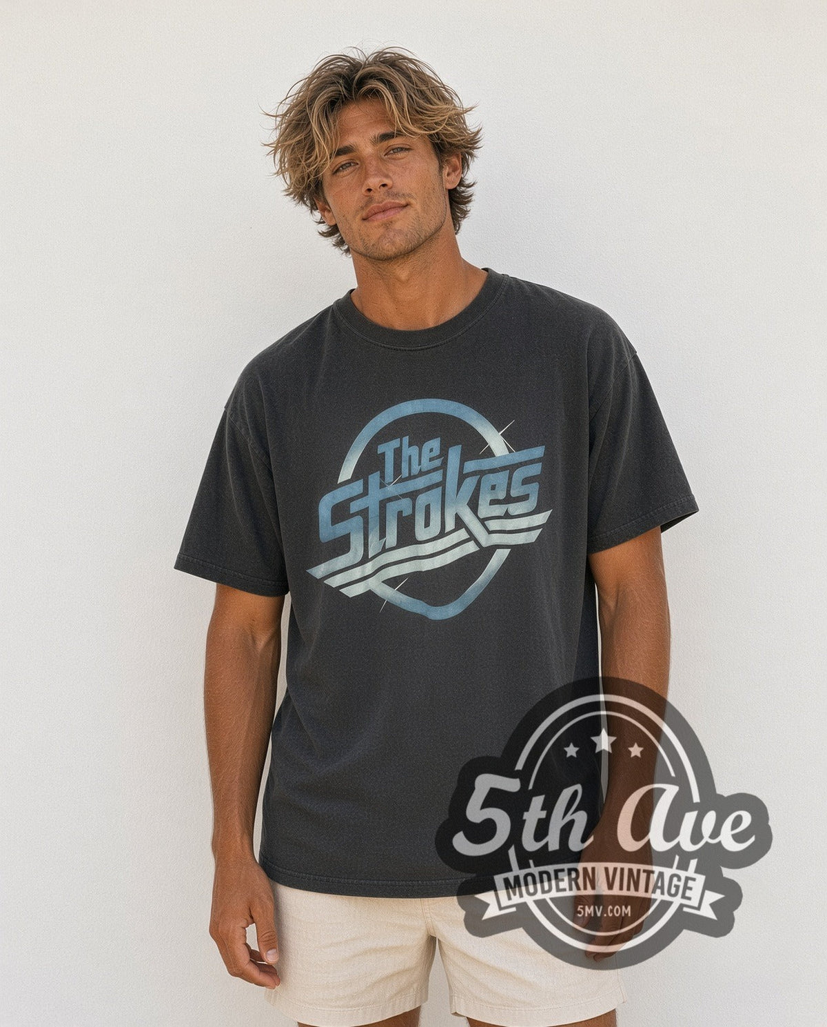 Model wearing The Strokes vintage band t-shirt