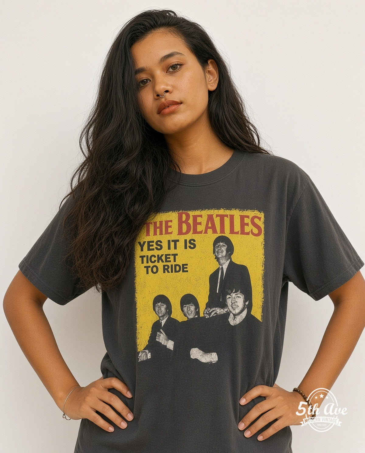 Model wearing The Beatles TICKET TO RIDE vintage band t-shirt