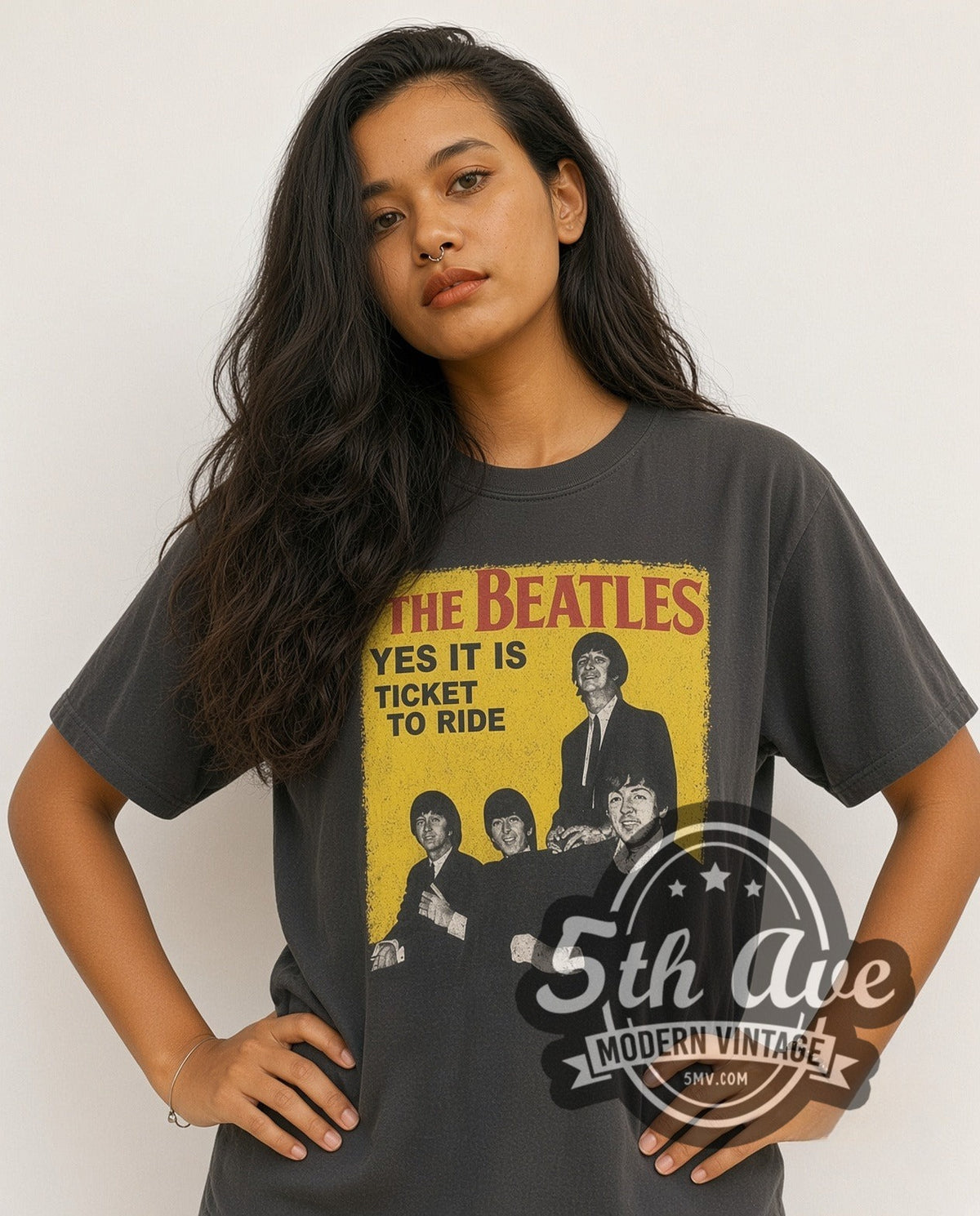 Model wearing The Beatles TICKET TO RIDE vintage band t-shirt
