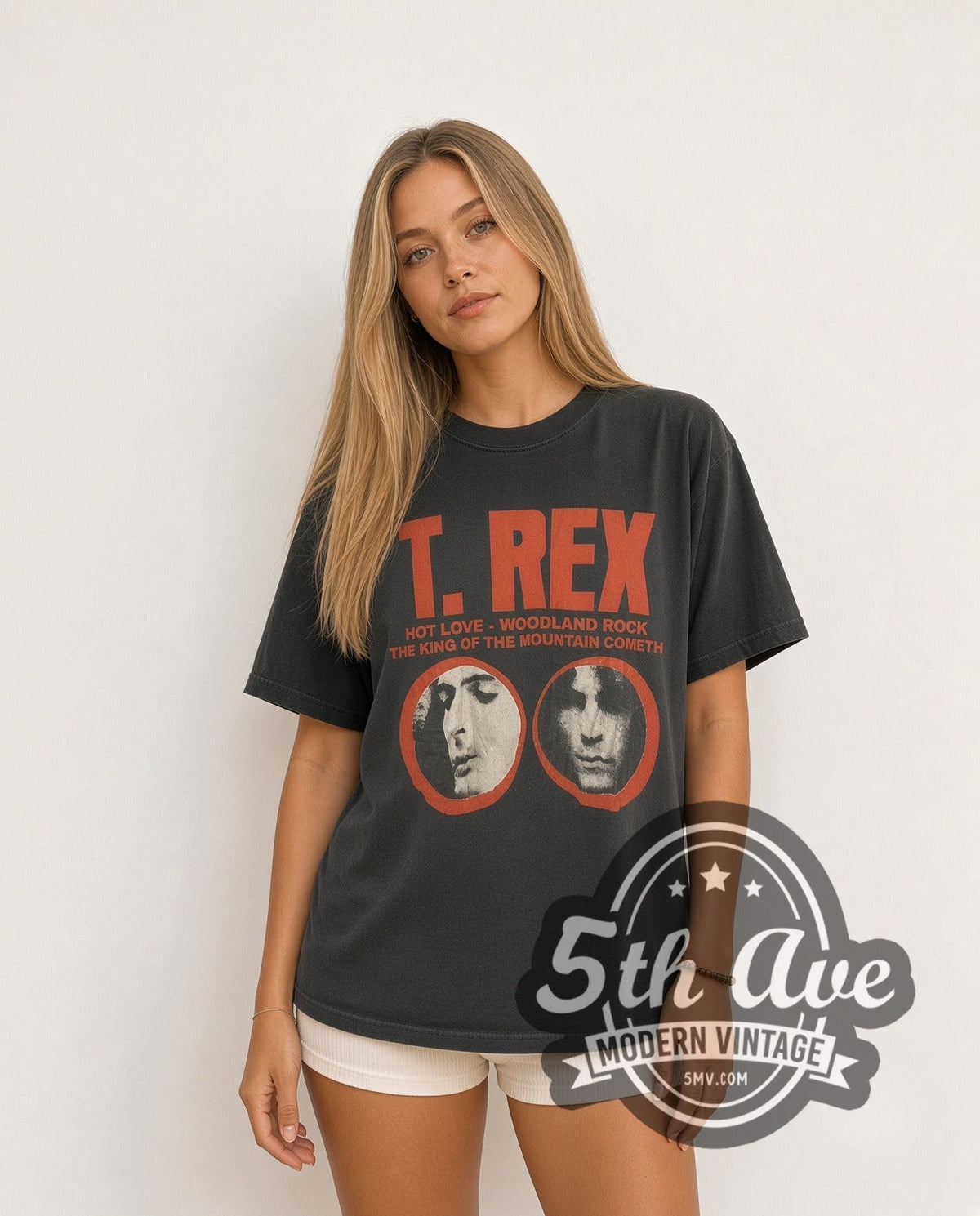 Model wearing the T. Rex Twin Portraits Logo vintage band t-shirt