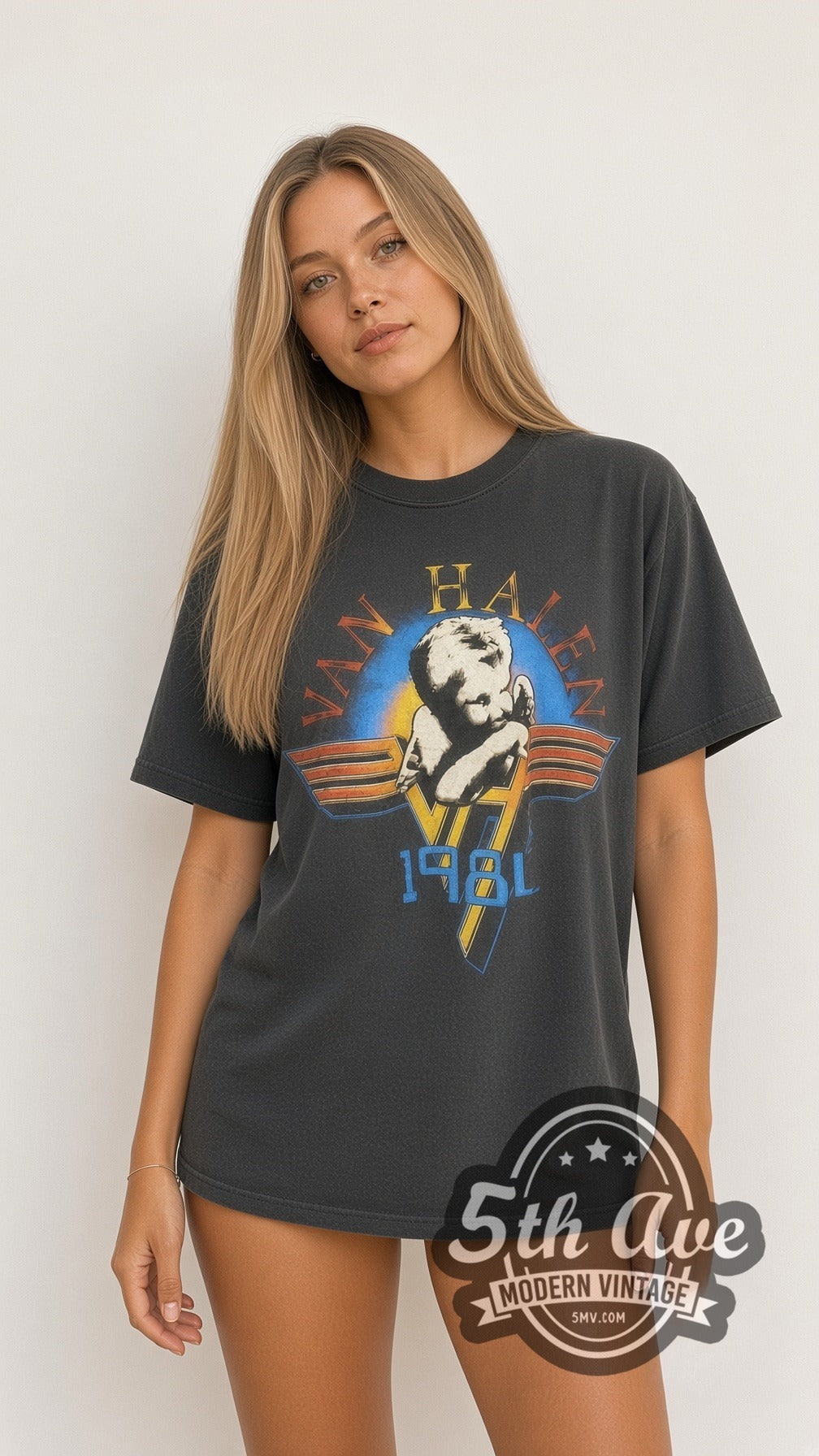 Model wearing the Van Halen vintage band t-shirt