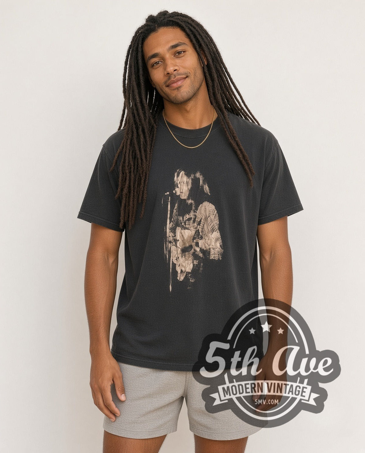 Model wearing the Neil Young Black-and-White Performance with Captain Boot Tag vintage band t-shirt
