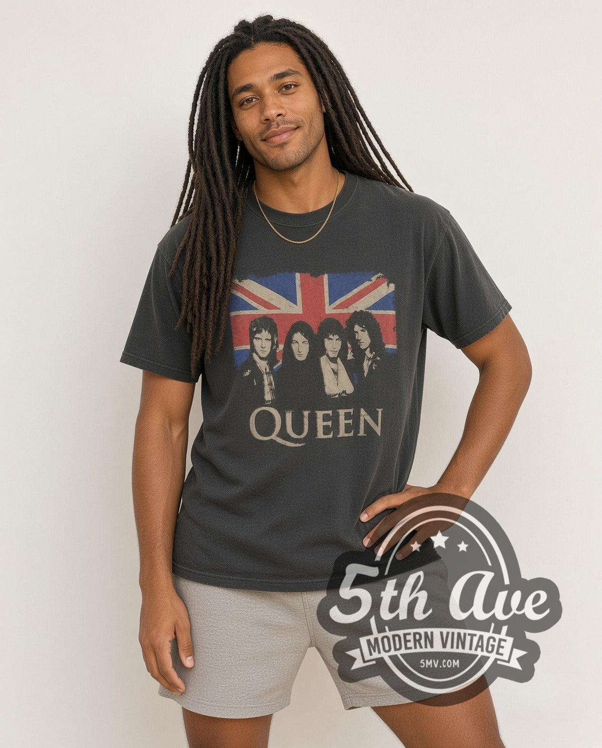 Model wearing the Queen Union Jack Band Portraits vintage band t-shirt