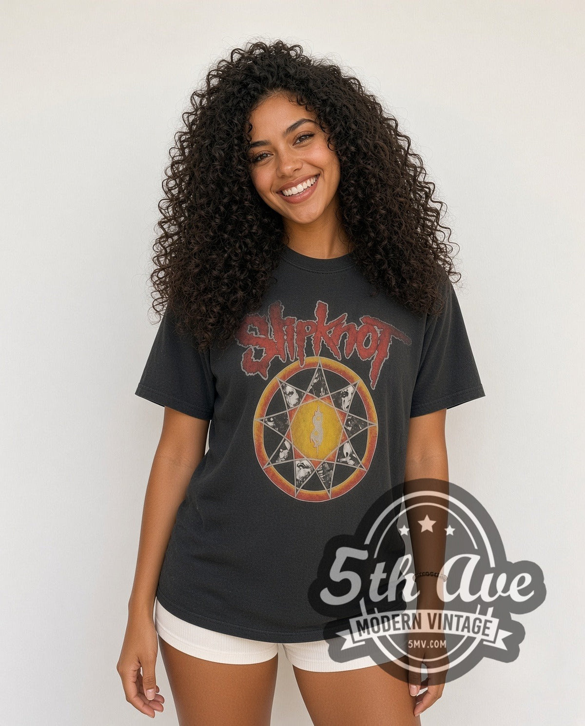 Model wearing the Slipknot Nonagram Tribal S Member Portraits vintage band t-shirt