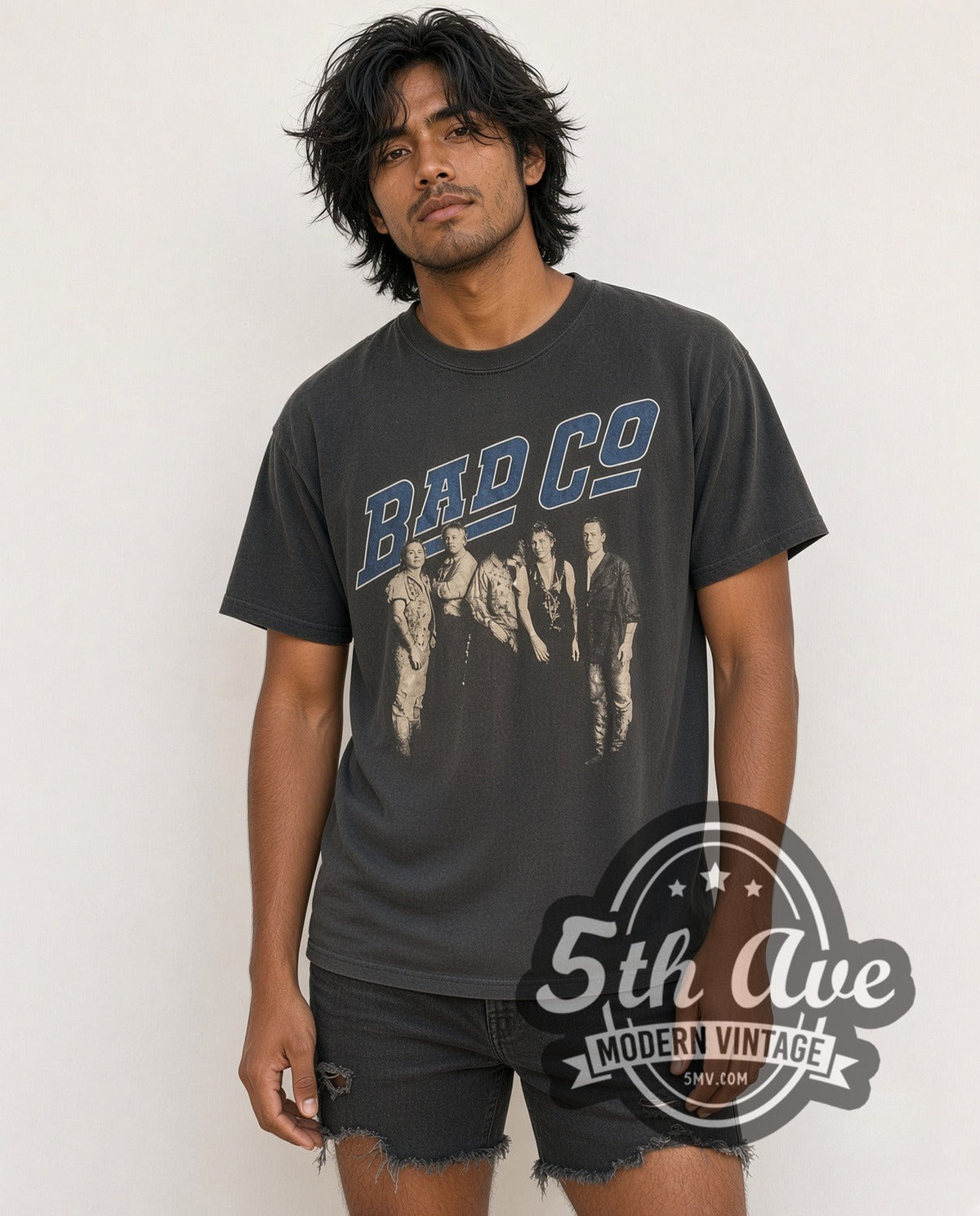 Model wearing the Bad Company Blue Logo Band Photo vintage band t-shirt