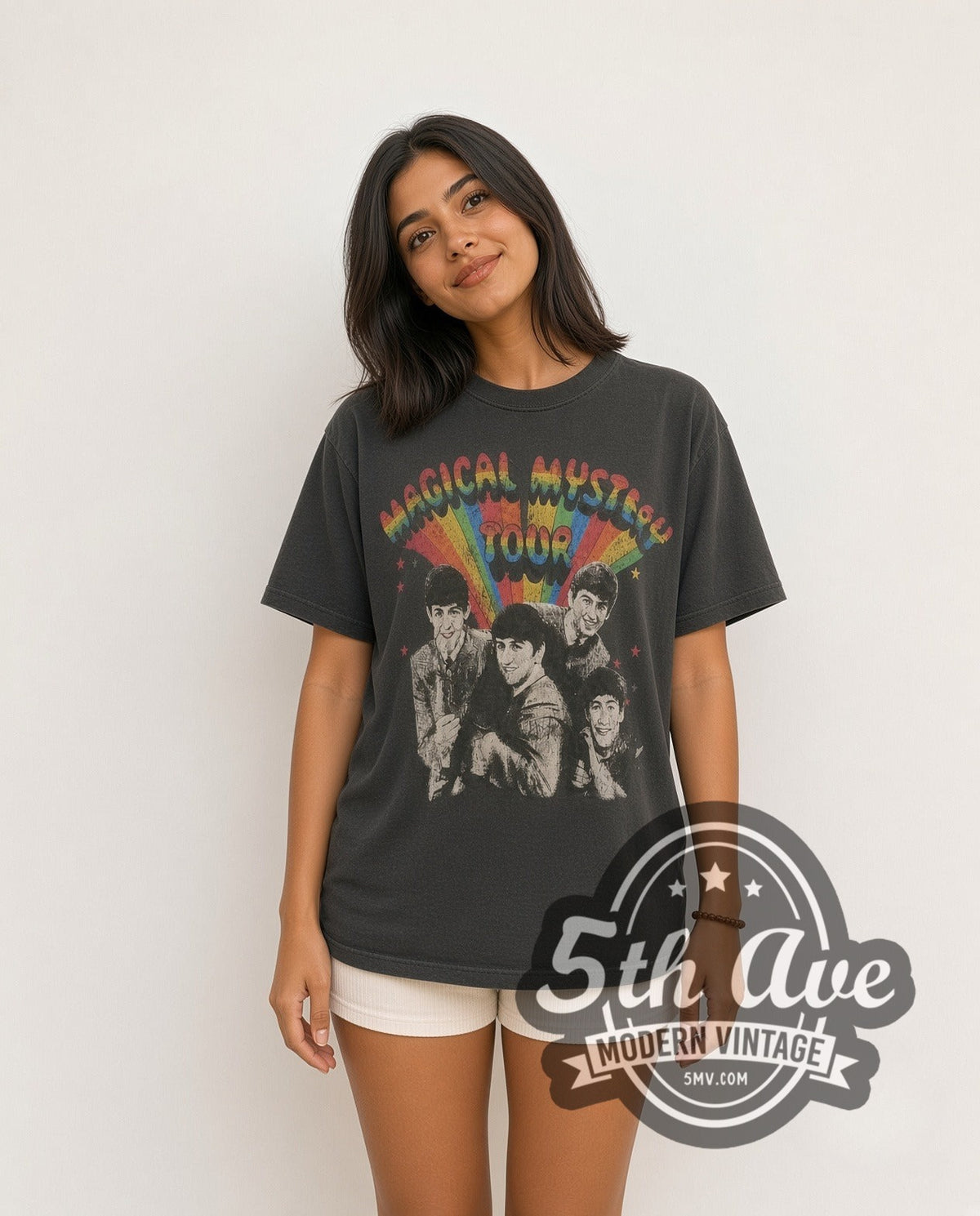 Model wearing The Beatles Magical Mystery Tour Rainbow vintage band t-shirt