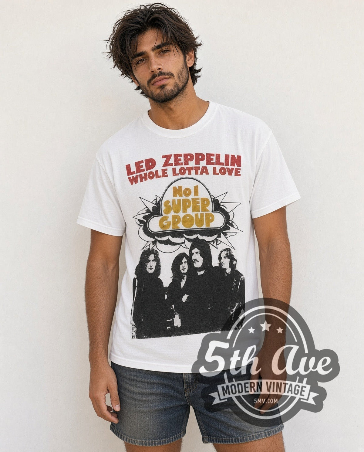 Model wearing the Led Zeppelin Whole Lotta Love' vintage band t-shirt in white