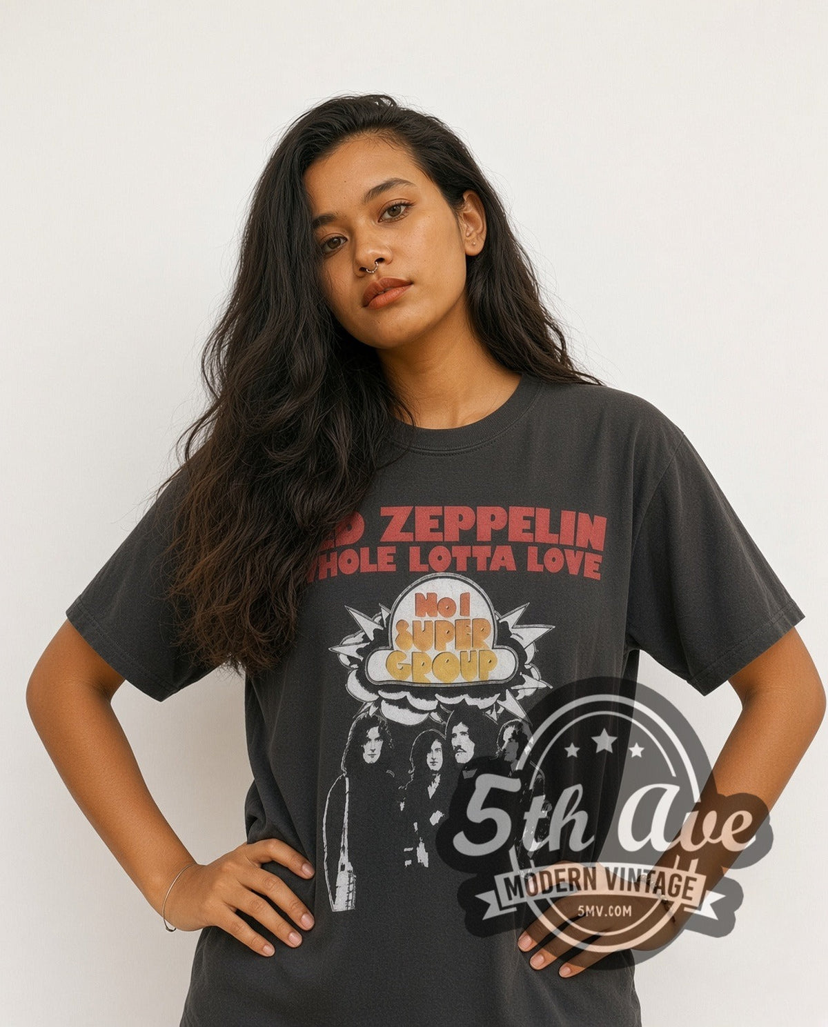 Model wearing the Led Zeppelin Whole Lotta Love vintage band t-shirt