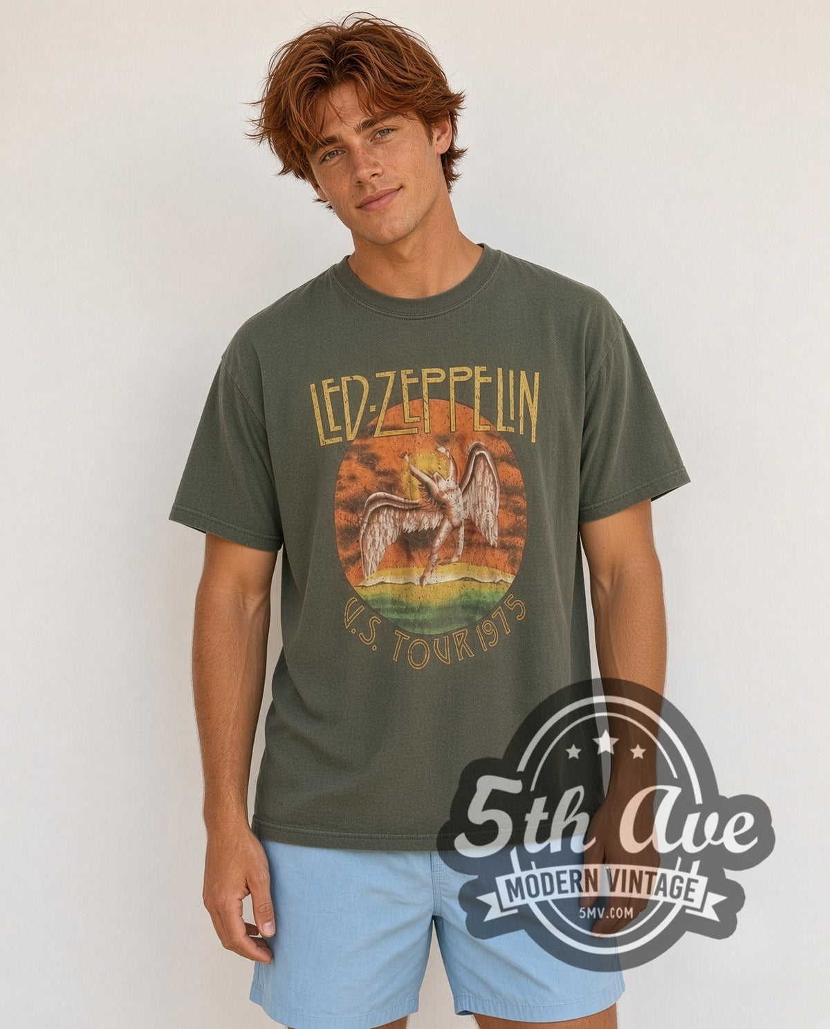 Model wearing the Led Zeppelin US Tour 1975 vintage band t-shirt