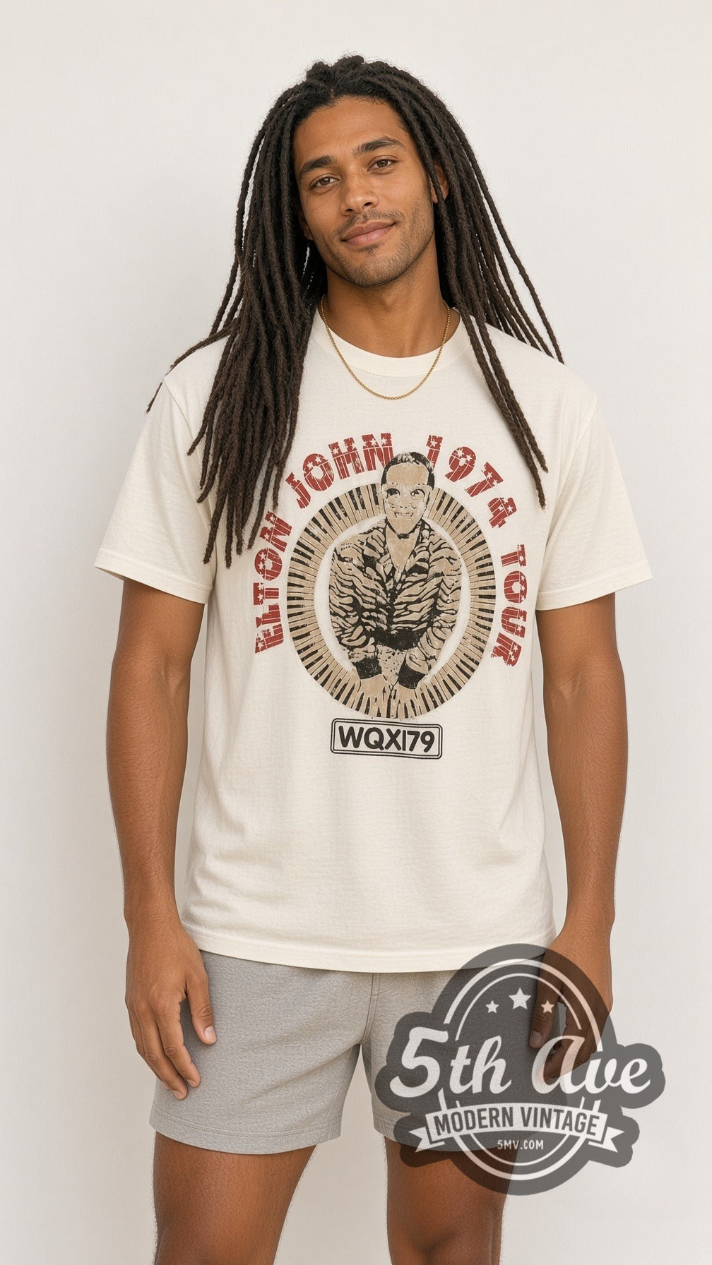 Model wearing the Elton John 1974 Tour Concert vintage band t-shirt