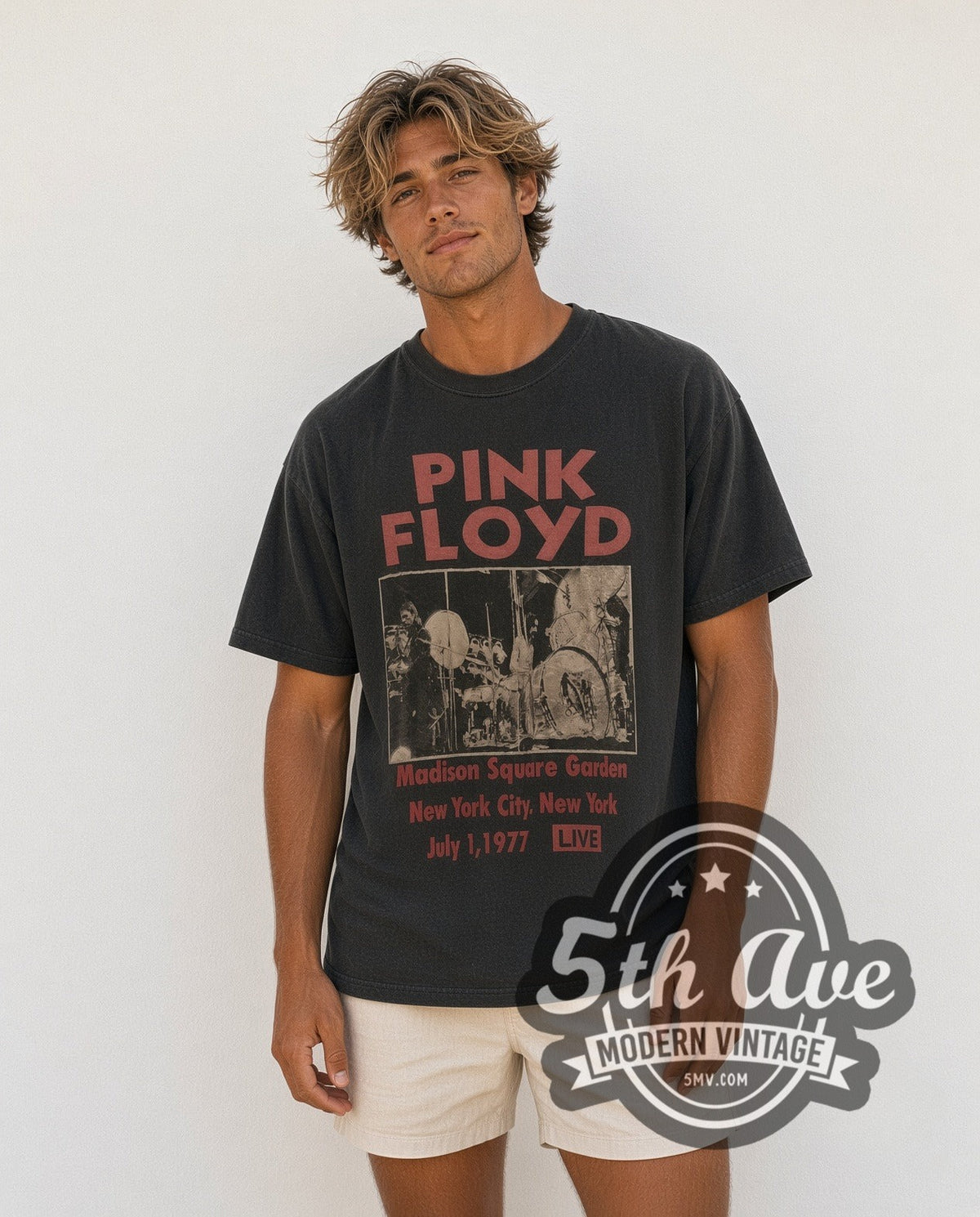 Model wearing the Pink Floyd Live at Madison Square Garden 1977 vintage band t-shirt